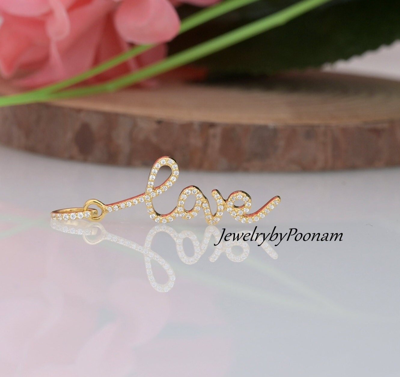14k Solid Gold LOVE Diamond Pendant: Cursive love Pendant CZ Charm - Jewelry By Poonam | SKU: PJP3291-SLYGCZ-40M 2/26 14k Solid Gold LOVE Diamond Pendant: Cursive love Pendant CZ Charm - Jewelry By Poonam | SKU: PJP3291-SLYGCZ-40M 2/26