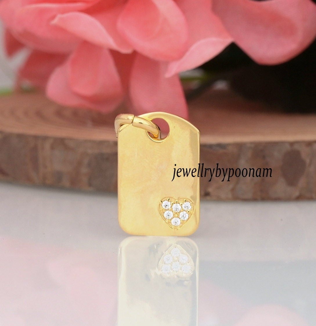 14k Solid Gold Moissanite Heart Dog Tag Pendant, Diamond Charm, 30MM - Jewelry By Poonam | SKU: PJP3211-SLYGCZ-30M 2/26 14k Solid Gold Moissanite Heart Dog Tag Pendant, Diamond Charm, 30MM - Jewelry By Poonam | SKU: PJP3211-SLYGCZ-30M 2/26
