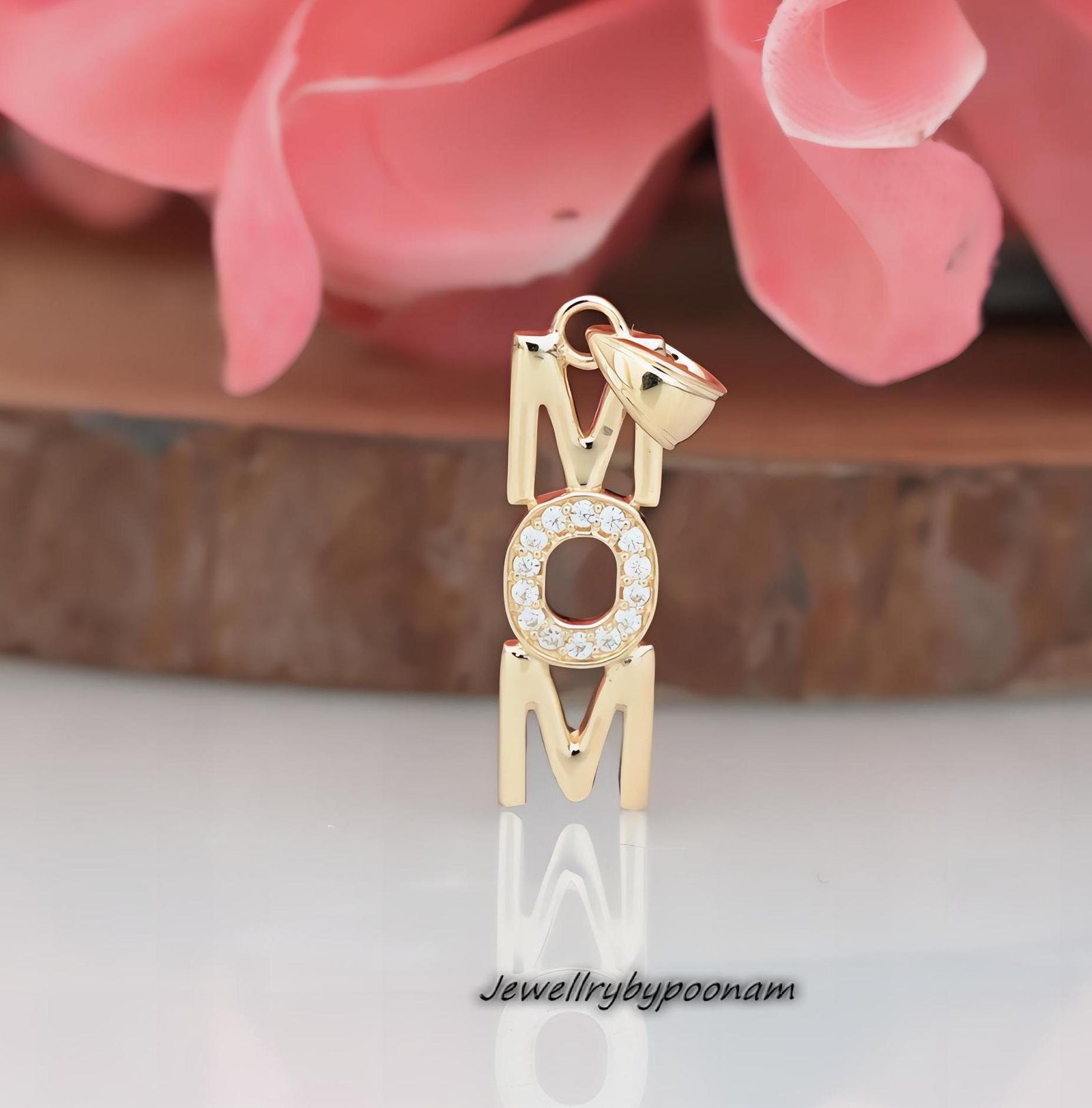 14k Solid Gold MOM Pendant: Moissanite Diamond, Handmade Charm - Jewelry By Poonam | SKU: PJP--4251-14kYGMN-25M 2/26 14k Solid Gold MOM Pendant: Moissanite Diamond, Handmade Charm - Jewelry By Poonam | SKU: PJP--4251-14kYGMN-25M 2/26