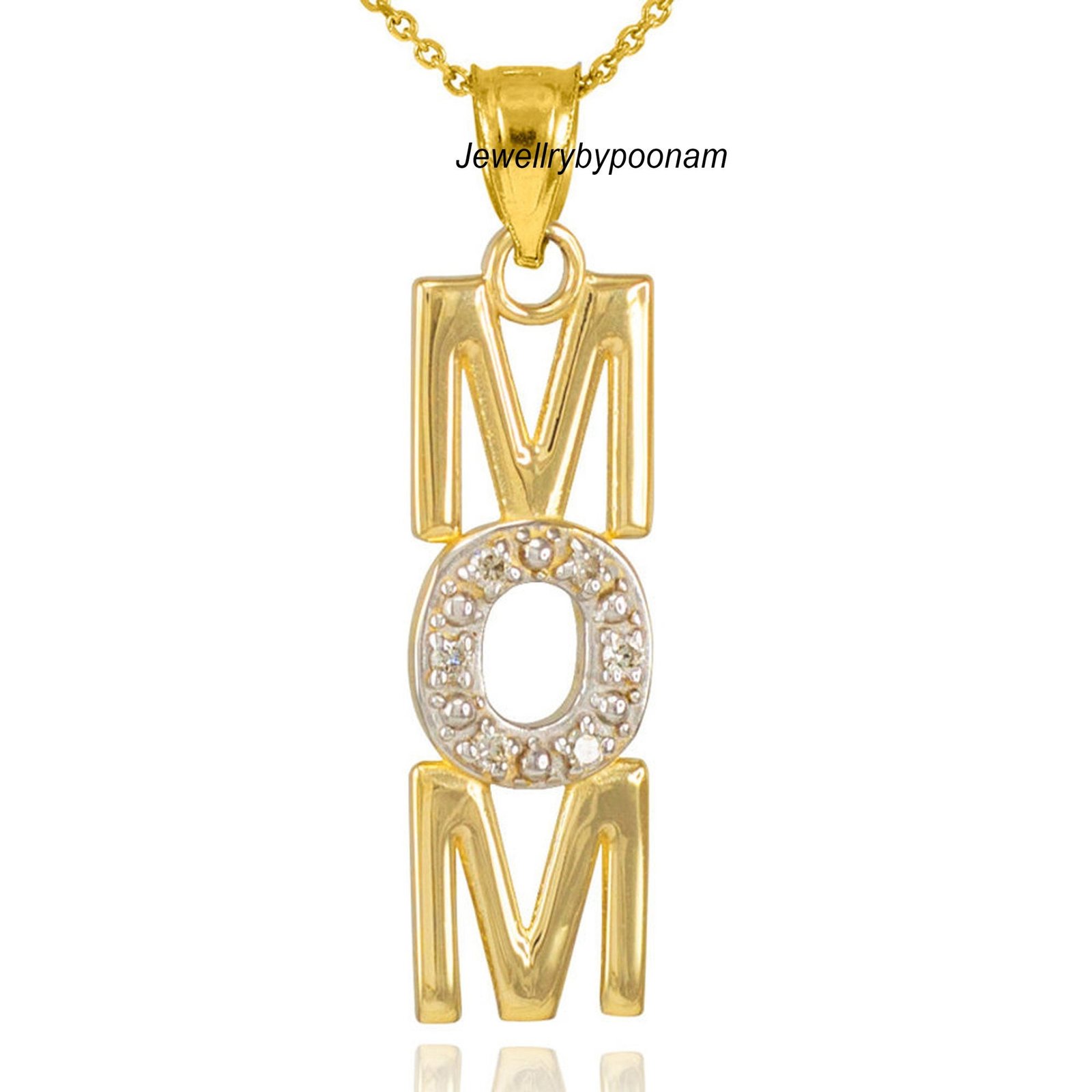 14k Solid Gold MOM Pendant: Moissanite Diamond, Handmade Charm - View 3 - Jewelry By Poonam | SKU: PJP--4251-14kYGMN-25M 2/26 14k Solid Gold MOM Pendant: Moissanite Diamond, Handmade Charm - View 3 - Jewelry By Poonam | SKU: PJP--4251-14kYGMN-25M 2/26