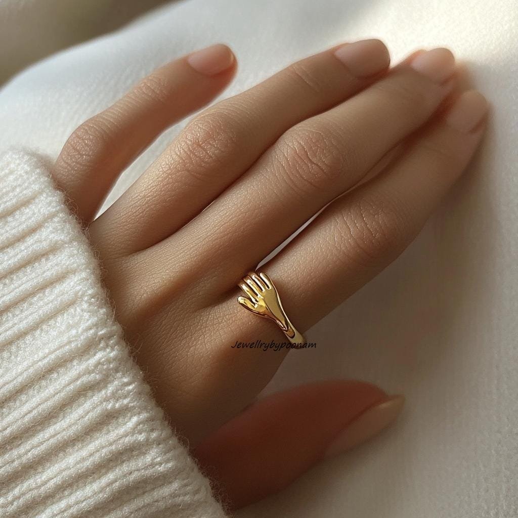 14k Yellow Gold Hand Ring: Sterling Silver Hug Ring, Adjustable - Jewelry By Poonam | SKU: PJR- 14k Yellow Gold Hand Ring: Sterling Silver Hug Ring, Adjustable - Jewelry By Poonam | SKU: PJR-