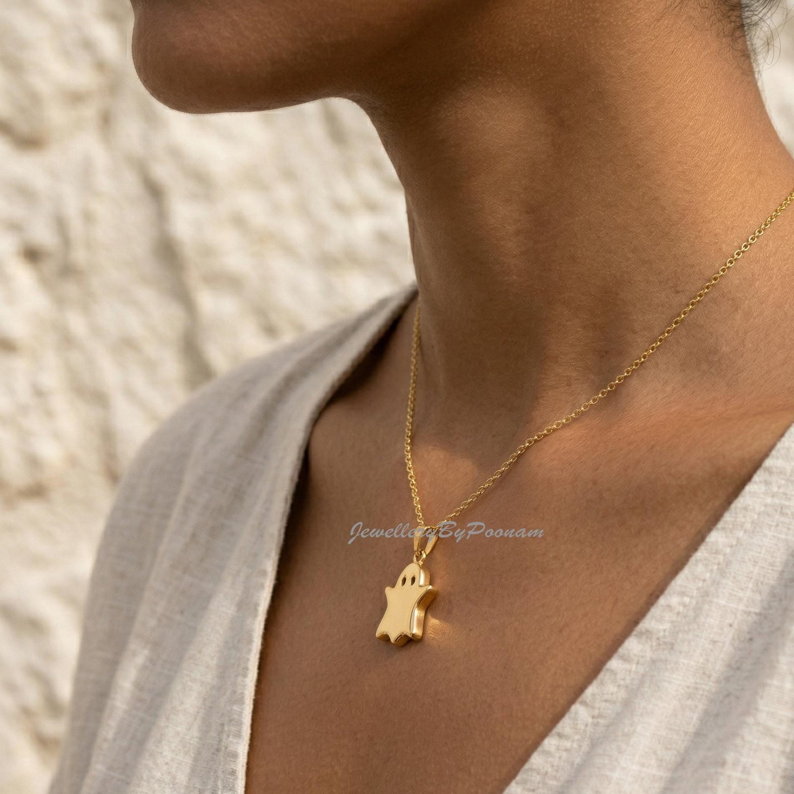 14K Yellow Gold-Plated Ghost Pendant, Minimalist Halloween Charm, 25mm Size - Jewelry By Poonam | SKU: PJP- 14K Yellow Gold-Plated Ghost Pendant, Minimalist Halloween Charm, 25mm Size - Jewelry By Poonam | SKU: PJP-
