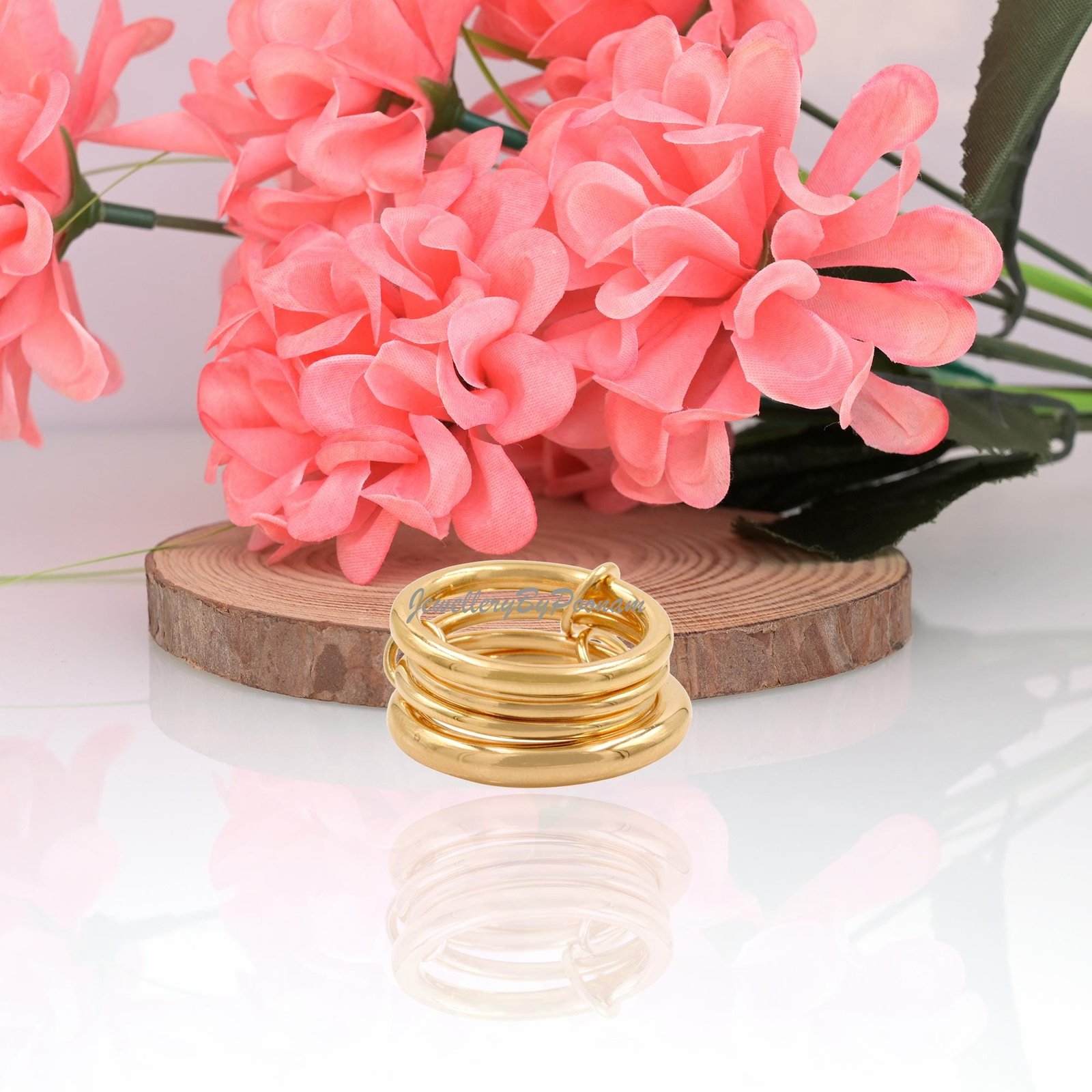 14k Yellow Gold Plated Multi-Link Connector Ring; Interlocking Band Style Ring - Jewelry By Poonam | SKU: MJR1020- 2/26 14k Yellow Gold Plated Multi-Link Connector Ring; Interlocking Band Style Ring - Jewelry By Poonam | SKU: MJR1020- 2/26
