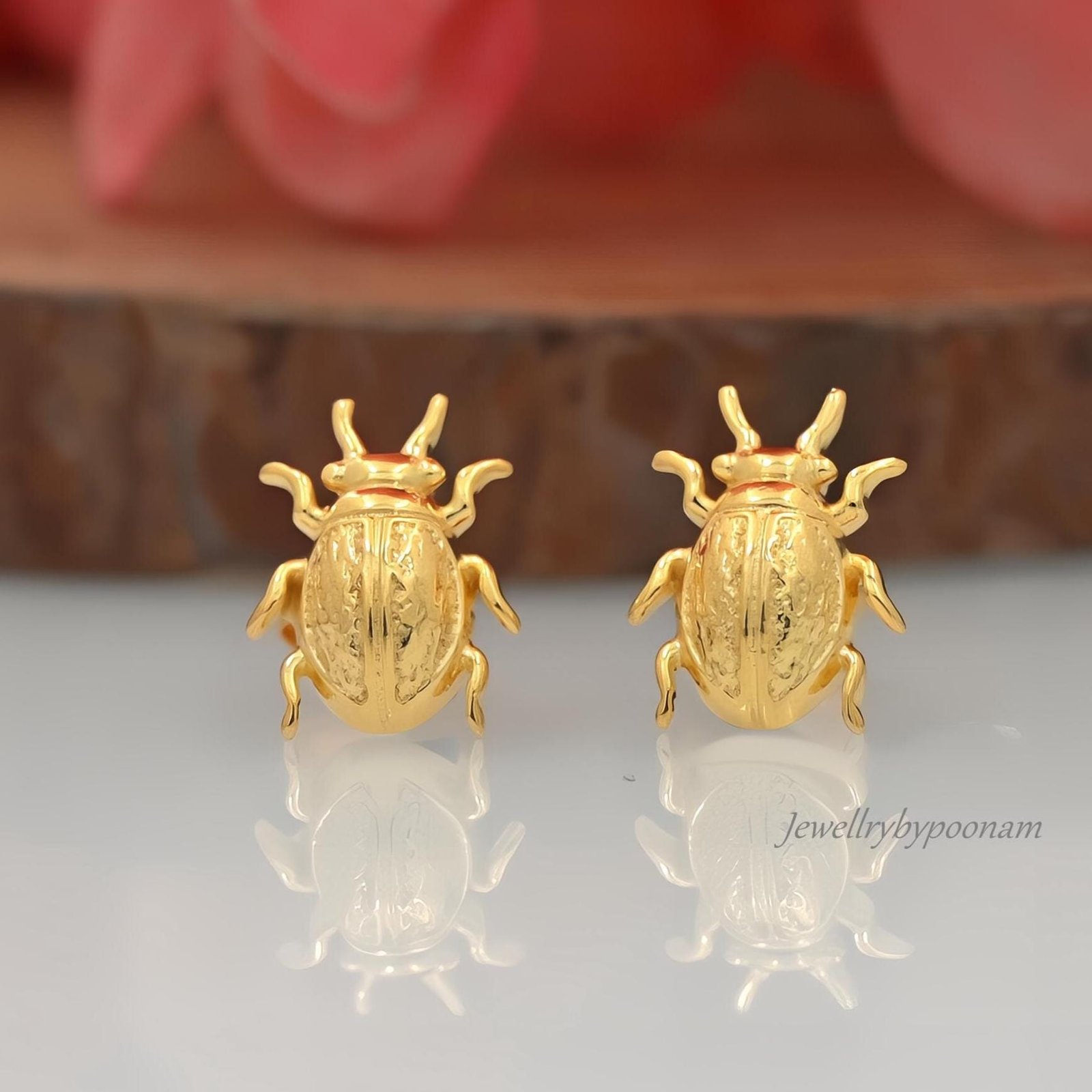 925 Gold Plated Beetle Stud Earrings: Handmade Insect Jewelry (10MM) - Jewelry By Poonam | SKU: MJE1777-SLYG-10M 2/26 925 Gold Plated Beetle Stud Earrings: Handmade Insect Jewelry (10MM) - Jewelry By Poonam | SKU: MJE1777-SLYG-10M 2/26