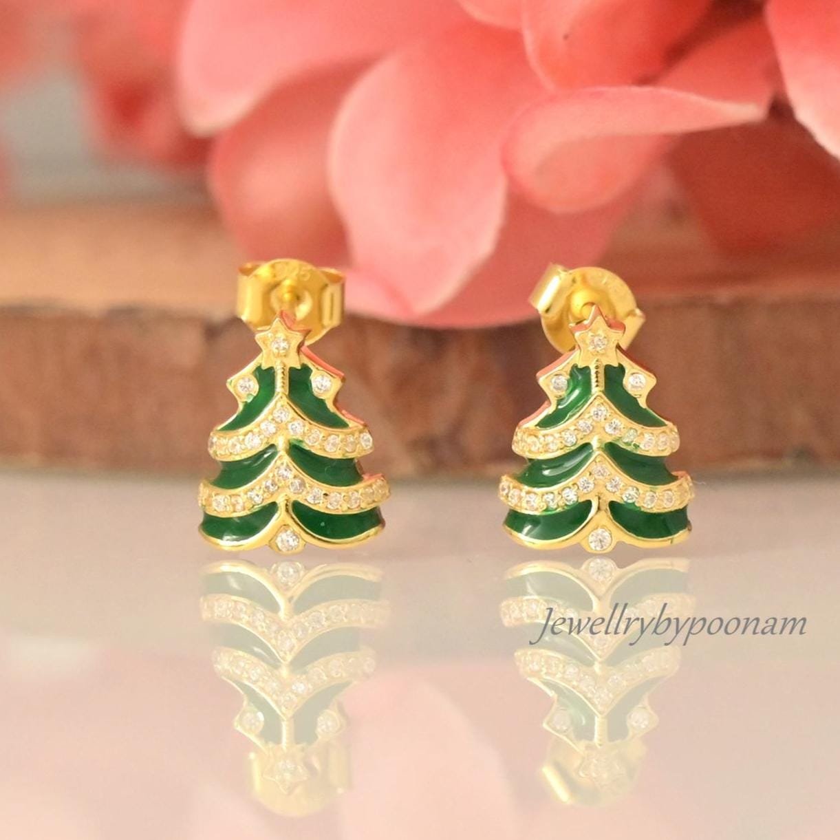 925 Silver Christmas Tree Earrings – Enamel CZ Studs, Festive Holiday Jewelry - Jewelry By Poonam | SKU: PJE2004-SLYGCZELG-10 925 Silver Christmas Tree Earrings – Enamel CZ Studs, Festive Holiday Jewelry - Jewelry By Poonam | SKU: PJE2004-SLYGCZELG-10
