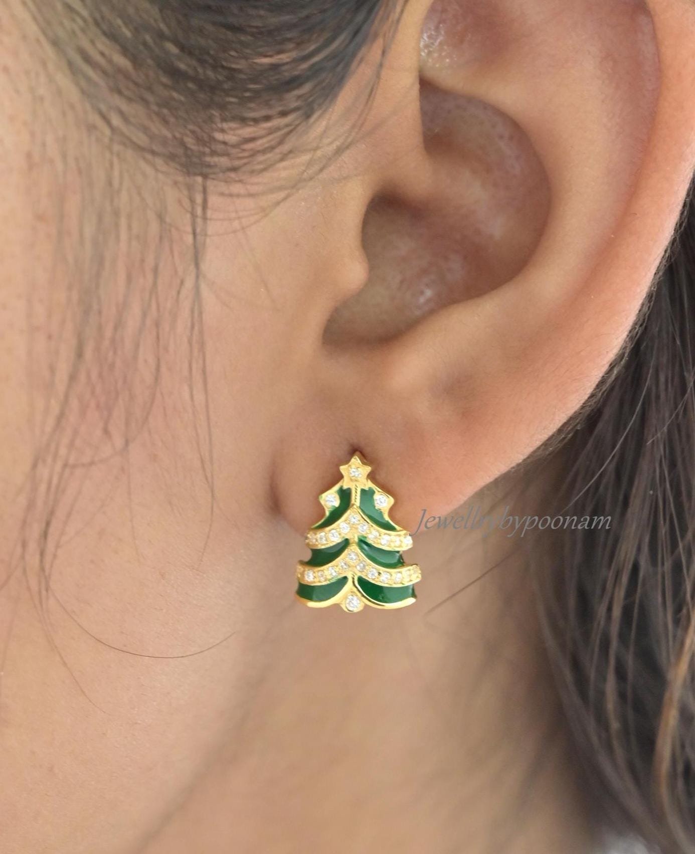 925 Silver Christmas Tree Earrings – Enamel CZ Studs, Festive Holiday Jewelry - View 2 - Jewelry By Poonam | SKU: PJE2004-SLY 925 Silver Christmas Tree Earrings – Enamel CZ Studs, Festive Holiday Jewelry - View 2 - Jewelry By Poonam | SKU: PJE2004-SLY