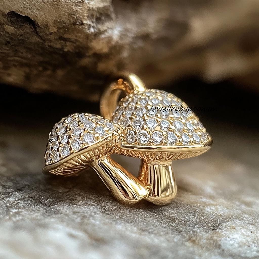 925 Silver Diamond Mushroom Duo Pendant: Pave Diamond Charm - View 2 - Jewelry By Poonam | SKU: PJP- 925 Silver Diamond Mushroom Duo Pendant: Pave Diamond Charm - View 2 - Jewelry By Poonam | SKU: PJP-