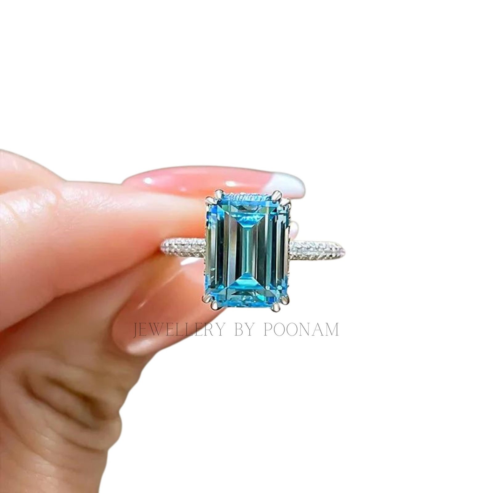 925 Silver Emerald-Cut Aquamarine Ring – Luxury Sterling Silver Engagement & Wedding Jewelry - View 3 - Jewelry By Poonam | S 925 Silver Emerald-Cut Aquamarine Ring – Luxury Sterling Silver Engagement & Wedding Jewelry - View 3 - Jewelry By Poonam | S