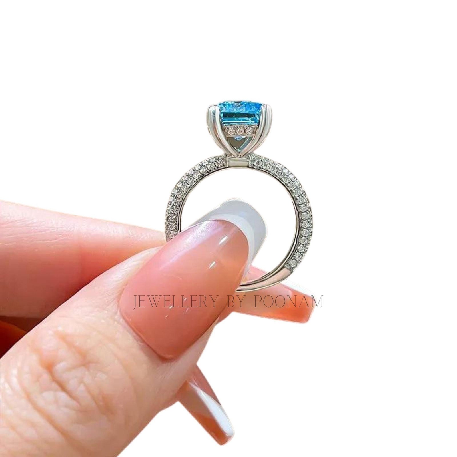 925 Silver Emerald-Cut Aquamarine Ring – Luxury Sterling Silver Engagement & Wedding Jewelry - View 4 - Jewelry By Poonam | S 925 Silver Emerald-Cut Aquamarine Ring – Luxury Sterling Silver Engagement & Wedding Jewelry - View 4 - Jewelry By Poonam | S