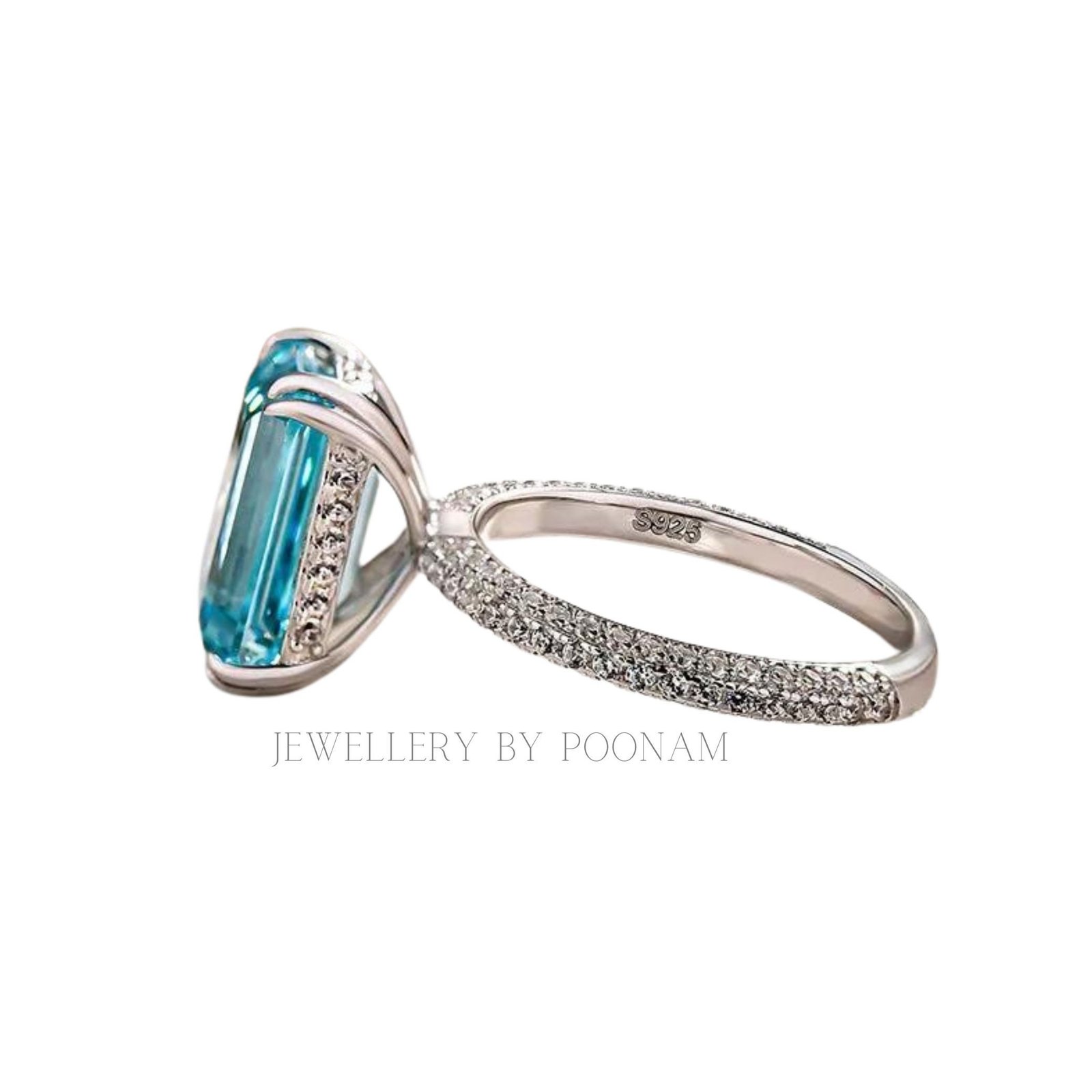 925 Silver Emerald-Cut Aquamarine Ring – Luxury Sterling Silver Engagement & Wedding Jewelry - View 5 - Jewelry By Poonam | S 925 Silver Emerald-Cut Aquamarine Ring – Luxury Sterling Silver Engagement & Wedding Jewelry - View 5 - Jewelry By Poonam | S
