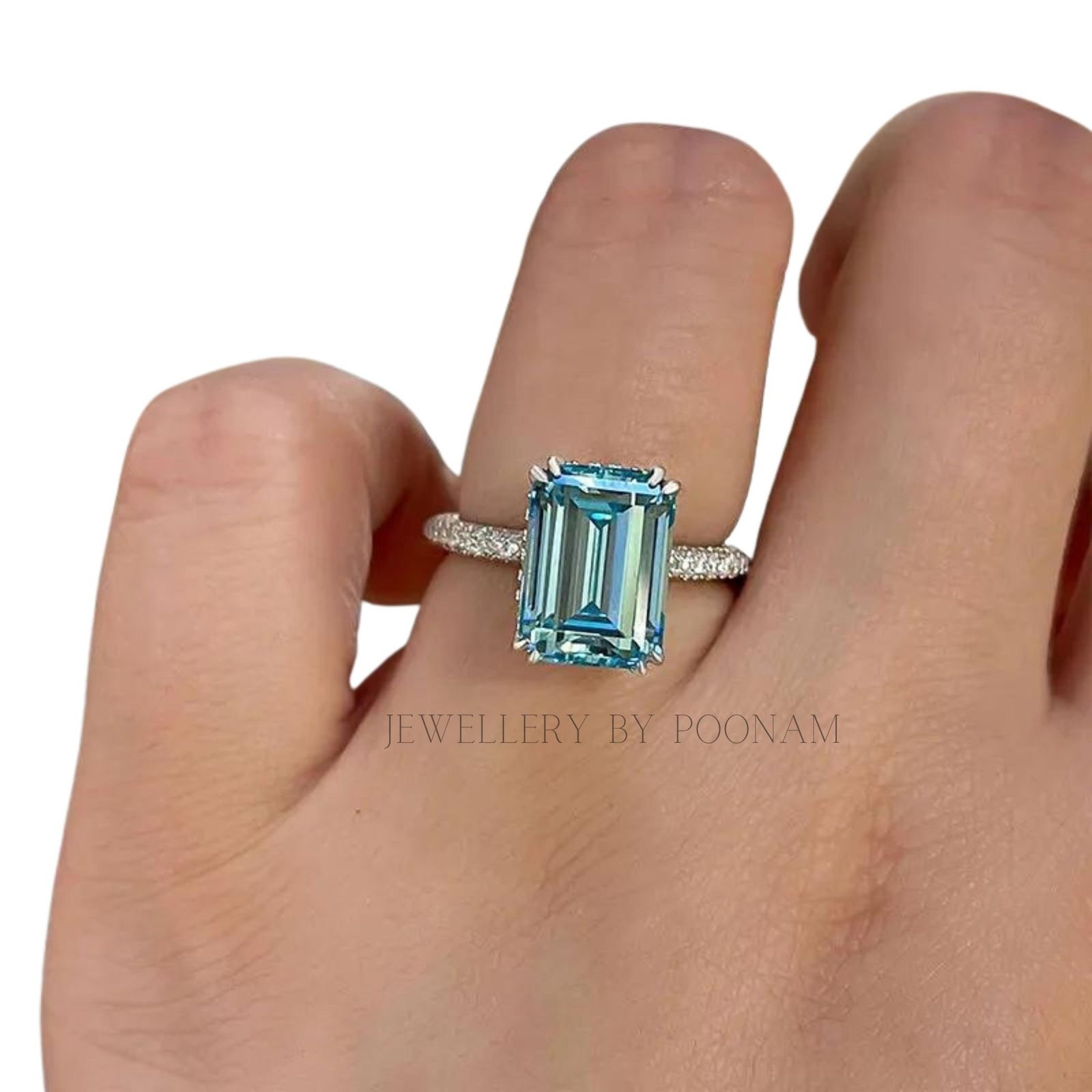 925 Silver Emerald-Cut Aquamarine Ring – Luxury Sterling Silver Engagement & Wedding Jewelry - View 7 - Jewelry By Poonam | S 925 Silver Emerald-Cut Aquamarine Ring – Luxury Sterling Silver Engagement & Wedding Jewelry - View 7 - Jewelry By Poonam | S