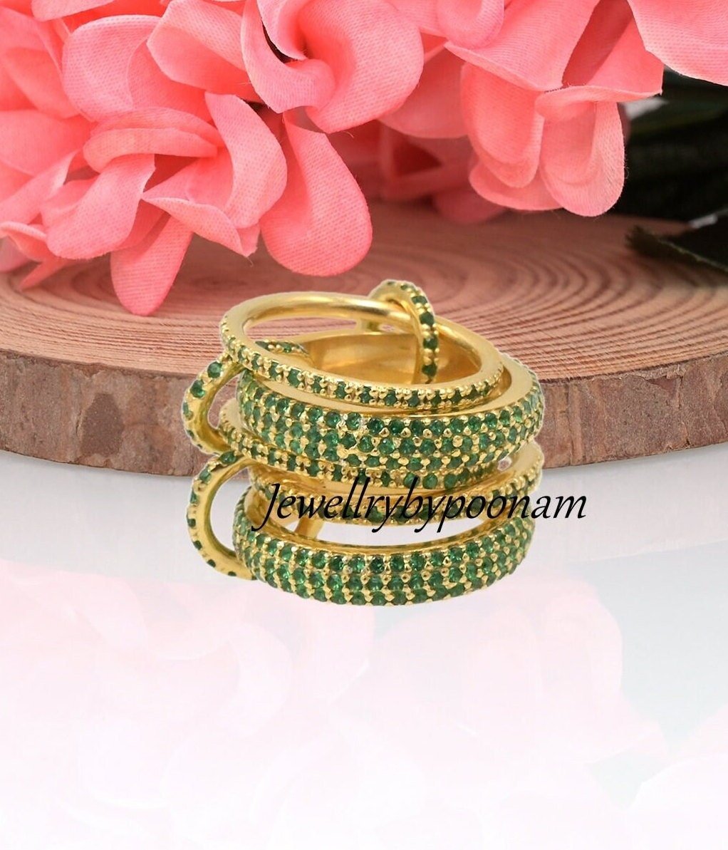 925 Silver Multi-Band Ring Set, Yellow Gold Plated, Gemstone Connector Band Ring - Jewelry By Poonam | SKU: PJR896-SLYGCZE-US 925 Silver Multi-Band Ring Set, Yellow Gold Plated, Gemstone Connector Band Ring - Jewelry By Poonam | SKU: PJR896-SLYGCZE-US