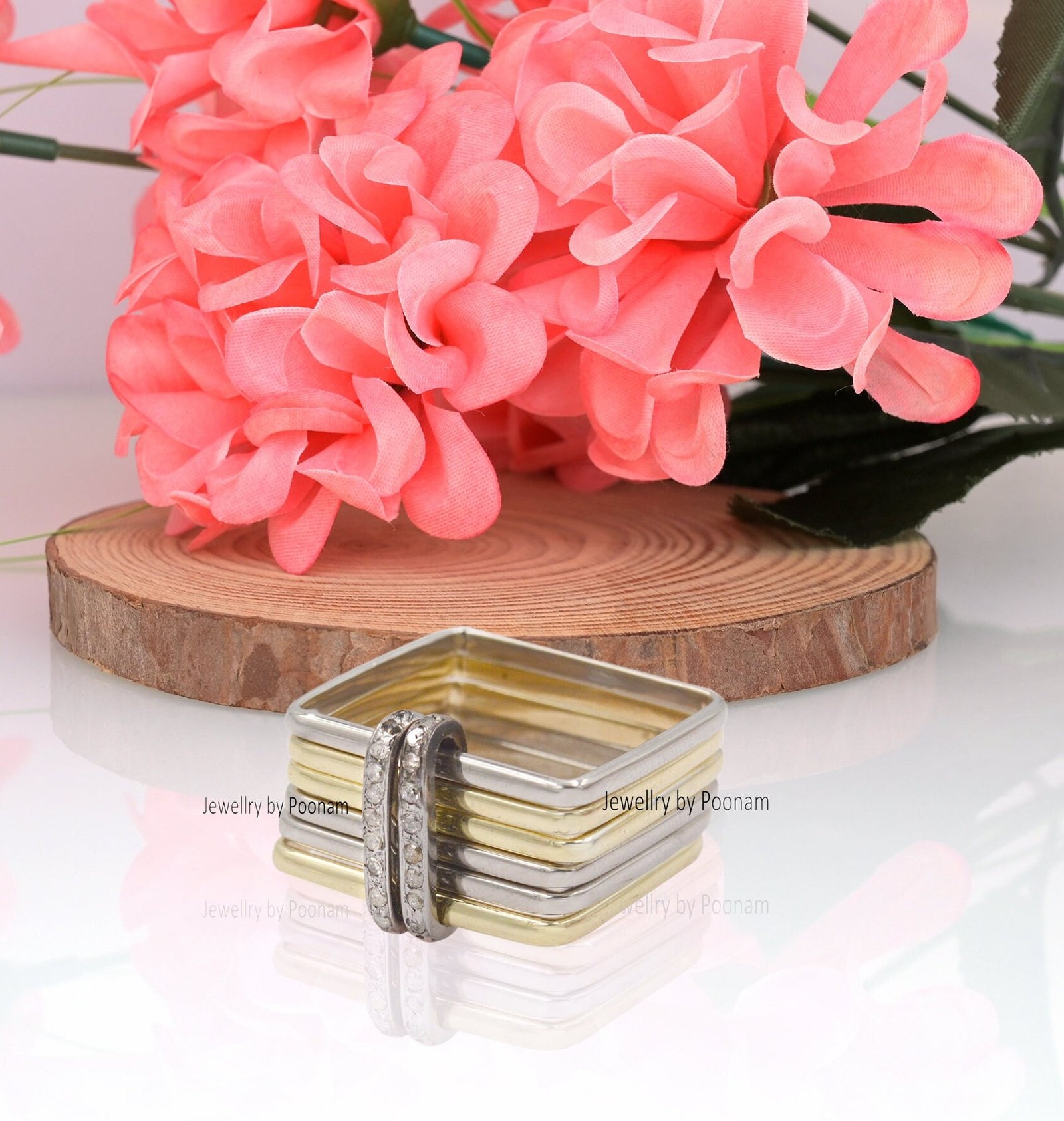 925 Silver Multi-Band Stacking Ring Set with Cubic Zirconia Connector - Jewelry By Poonam | SKU: PJR985- 2/26 925 Silver Multi-Band Stacking Ring Set with Cubic Zirconia Connector - Jewelry By Poonam | SKU: PJR985- 2/26