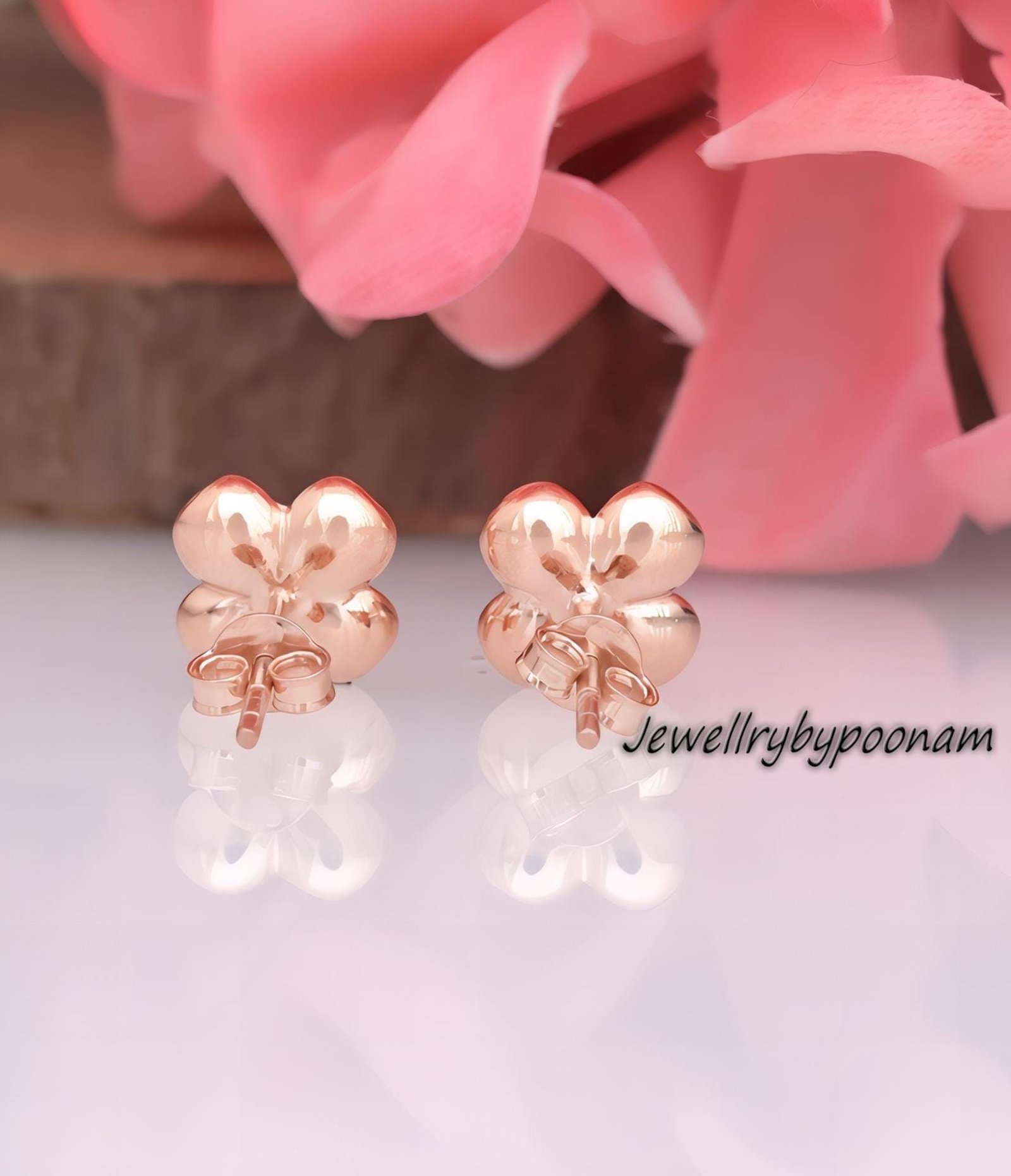 925 Silver Rose Gold Plated Clover Stud Earrings, 10mm - View 3 - Jewelry By Poonam | SKU: PJE1699-SLRG-10M 2/2026 925 Silver Rose Gold Plated Clover Stud Earrings, 10mm - View 3 - Jewelry By Poonam | SKU: PJE1699-SLRG-10M 2/2026