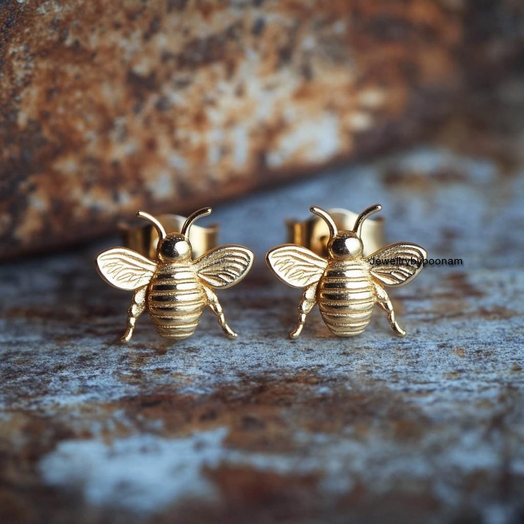 925 Sterling Silver Bee Stud Earrings — Handmade Dainty Jewelry - View 5 - Jewelry By Poonam | SKU: PJE1739-SLYG-10M 2/2026 925 Sterling Silver Bee Stud Earrings — Handmade Dainty Jewelry - View 5 - Jewelry By Poonam | SKU: PJE1739-SLYG-10M 2/2026