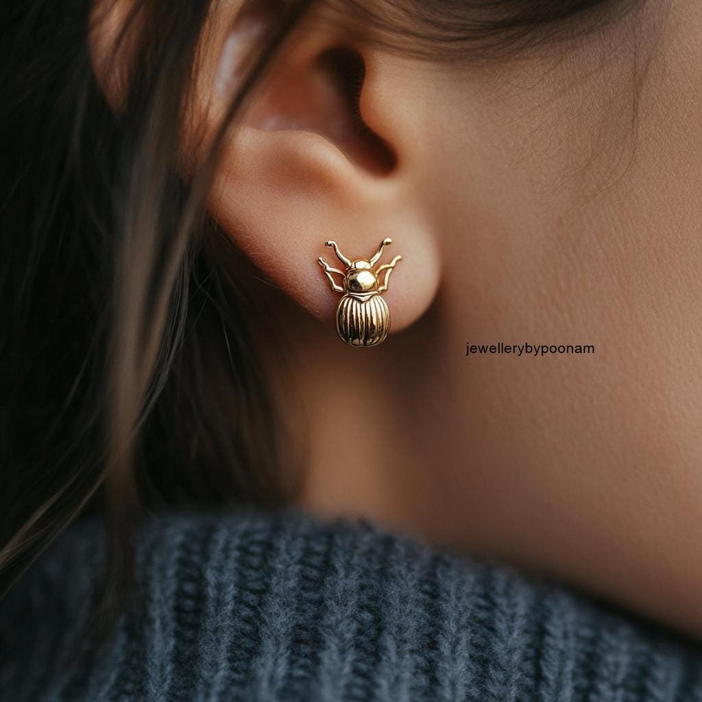 925 Sterling Silver Beetle Stud Earrings, Scarab Amulet Insect Jewellery (10 MM) - View 2 - Jewelry By Poonam | SKU: PJE1814- 925 Sterling Silver Beetle Stud Earrings, Scarab Amulet Insect Jewellery (10 MM) - View 2 - Jewelry By Poonam | SKU: PJE1814-