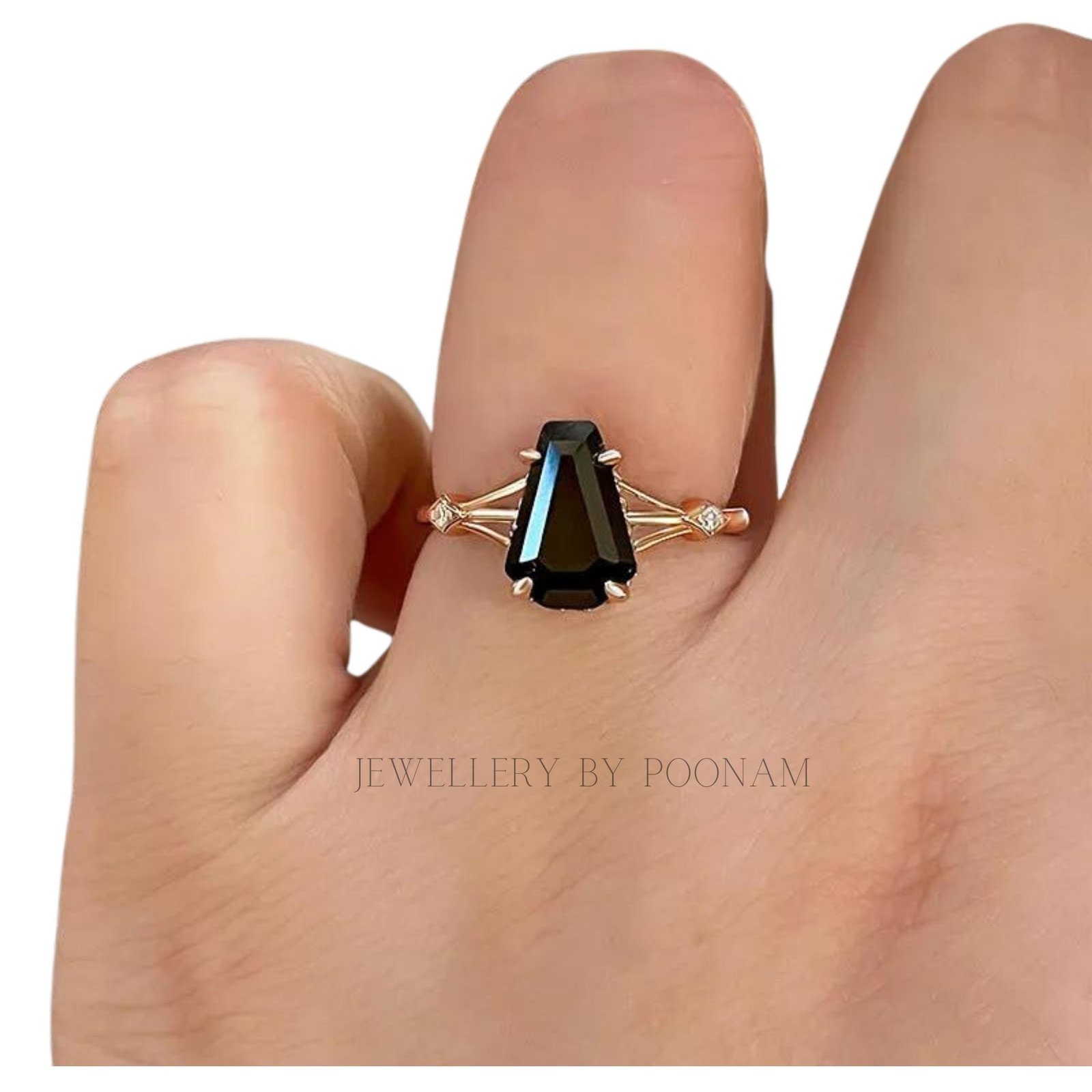 925 Sterling Silver Black Coffin-Cut Moissanite Ring – Unique Engagement Ring for Women - View 2 - Jewelry By Poonam | SKU: R 925 Sterling Silver Black Coffin-Cut Moissanite Ring – Unique Engagement Ring for Women - View 2 - Jewelry By Poonam | SKU: R