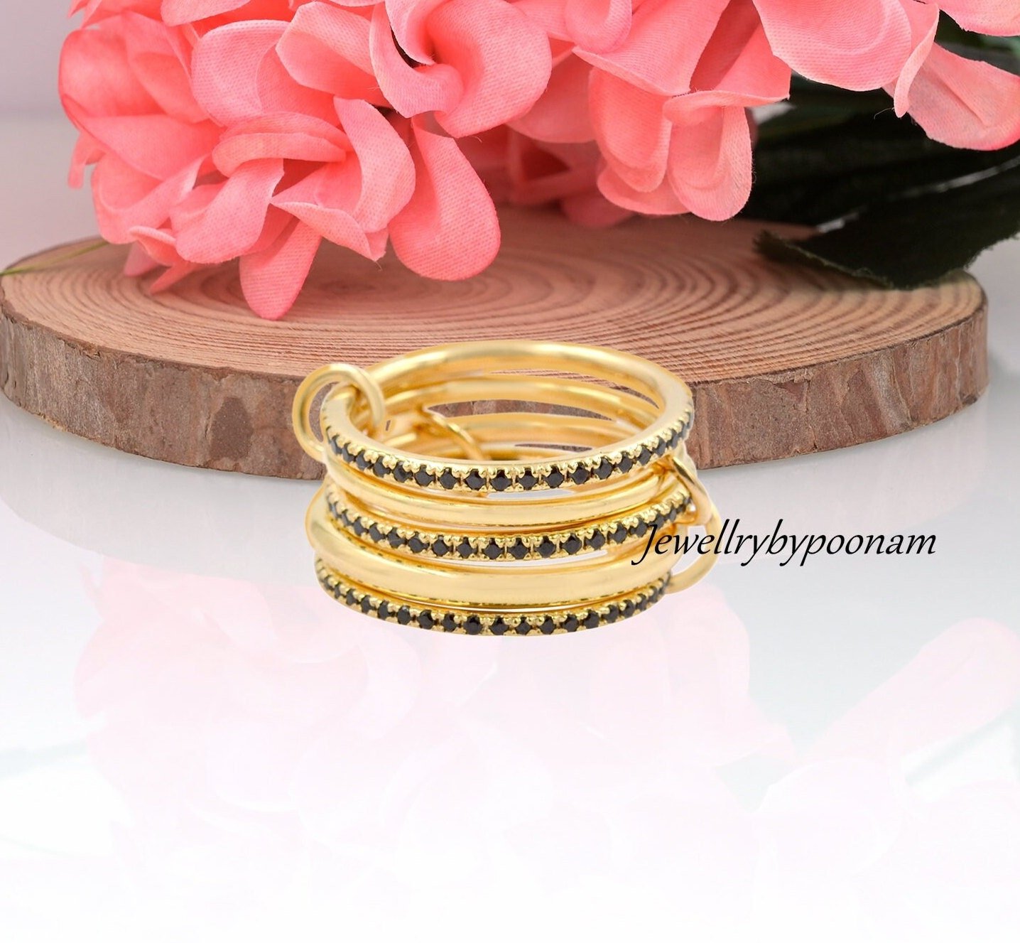 925 Sterling Silver Black Spinel Connector Ring; CZ Multi-Connector Band Ring - Jewelry By Poonam | SKU: PJR734-SLYGCZBS-US- 925 Sterling Silver Black Spinel Connector Ring; CZ Multi-Connector Band Ring - Jewelry By Poonam | SKU: PJR734-SLYGCZBS-US-