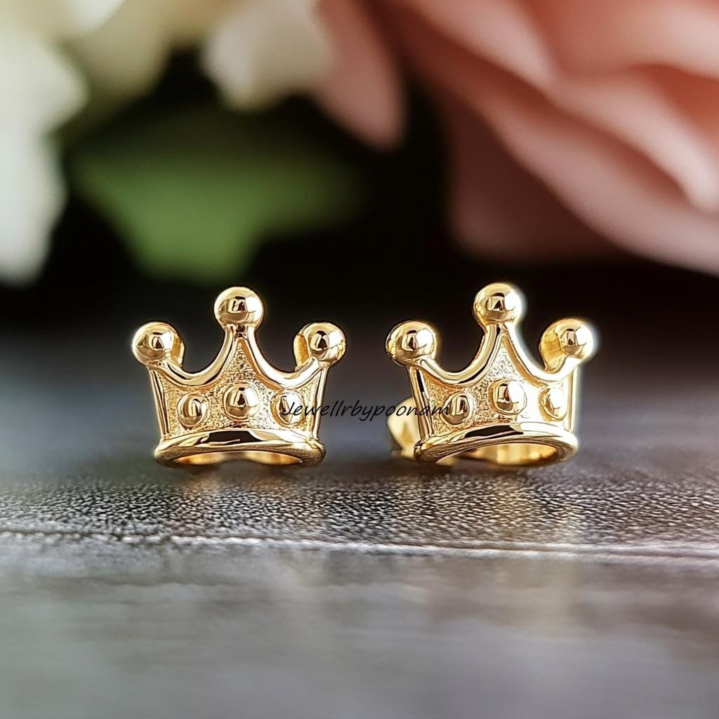 925 Sterling Silver Crown Stud Earrings: Princess Tiara Jewelry - Jewelry By Poonam | SKU: PJE1758-SLYG-10M 925 Sterling Silver Crown Stud Earrings: Princess Tiara Jewelry - Jewelry By Poonam | SKU: PJE1758-SLYG-10M
