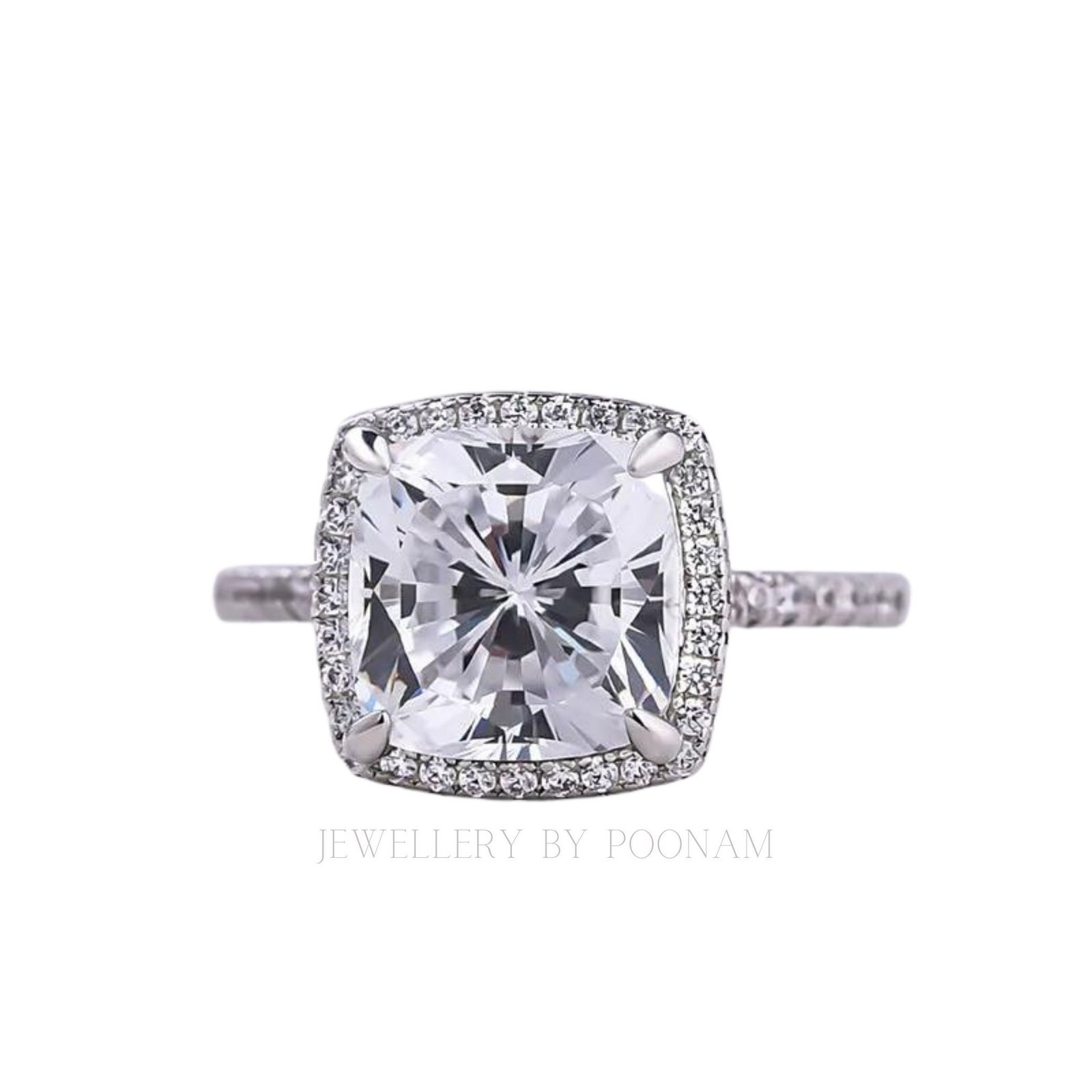 925 Sterling Silver Cushion Cut Moissanite Halo Engagement Ring – Elegant Wedding Ring for Women - Jewelry By Poonam | SKU: R 925 Sterling Silver Cushion Cut Moissanite Halo Engagement Ring – Elegant Wedding Ring for Women - Jewelry By Poonam | SKU: R