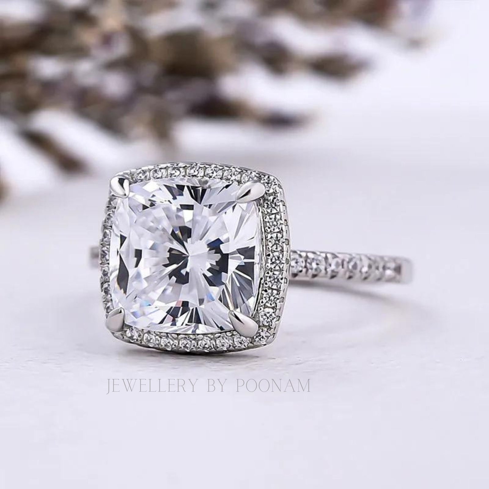 925 Sterling Silver Cushion Cut Moissanite Halo Engagement Ring – Elegant Wedding Ring for Women - View 2 - Jewelry By Poonam 925 Sterling Silver Cushion Cut Moissanite Halo Engagement Ring – Elegant Wedding Ring for Women - View 2 - Jewelry By Poonam