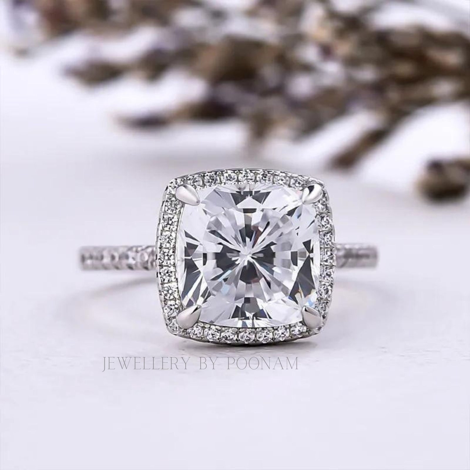 925 Sterling Silver Cushion Cut Moissanite Halo Engagement Ring – Elegant Wedding Ring for Women - View 3 - Jewelry By Poonam 925 Sterling Silver Cushion Cut Moissanite Halo Engagement Ring – Elegant Wedding Ring for Women - View 3 - Jewelry By Poonam
