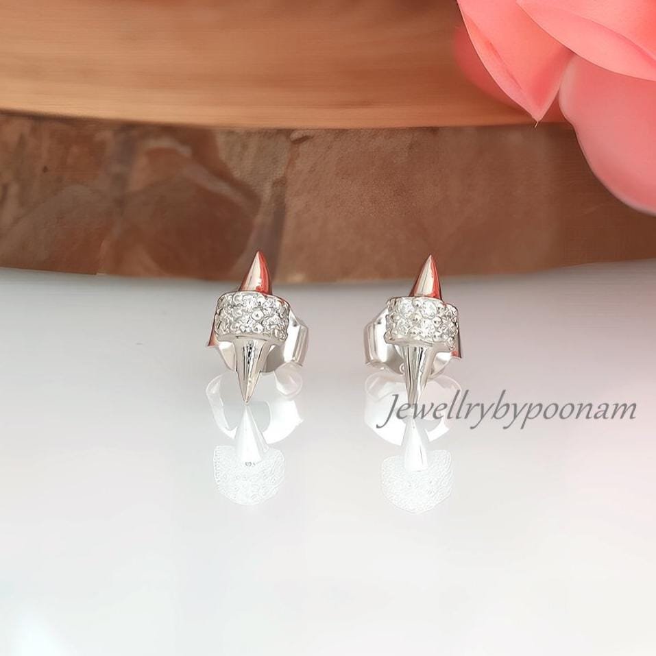 925 Sterling Silver CZ Spike Stud Earrings: Dainty Handmade Jewelry - Jewelry By Poonam | SKU: PJE1725-SLNSCZ-10M 2/26 925 Sterling Silver CZ Spike Stud Earrings: Dainty Handmade Jewelry - Jewelry By Poonam | SKU: PJE1725-SLNSCZ-10M 2/26