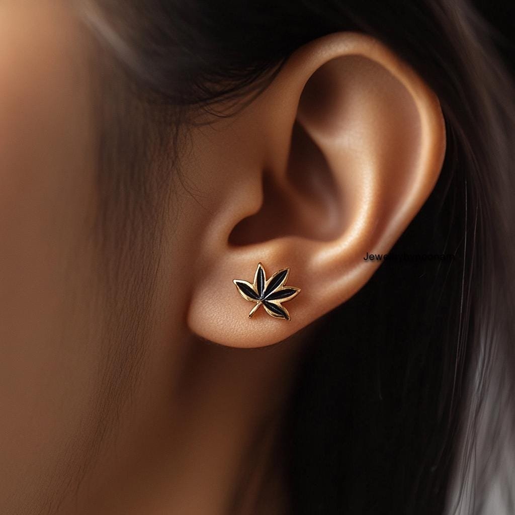 925 Sterling Silver Dainty Black Weed Leaf Stud Earrings — Tiny Marijuana Jewelry - Jewelry By Poonam | SKU: PJE- 925 Sterling Silver Dainty Black Weed Leaf Stud Earrings — Tiny Marijuana Jewelry - Jewelry By Poonam | SKU: PJE-
