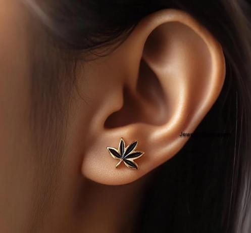 925 Sterling Silver Dainty Black Weed Leaf Stud Earrings — Tiny Marijuana Jewelry - View 2 - Jewelry By Poonam | SKU: PJE- 925 Sterling Silver Dainty Black Weed Leaf Stud Earrings — Tiny Marijuana Jewelry - View 2 - Jewelry By Poonam | SKU: PJE-
