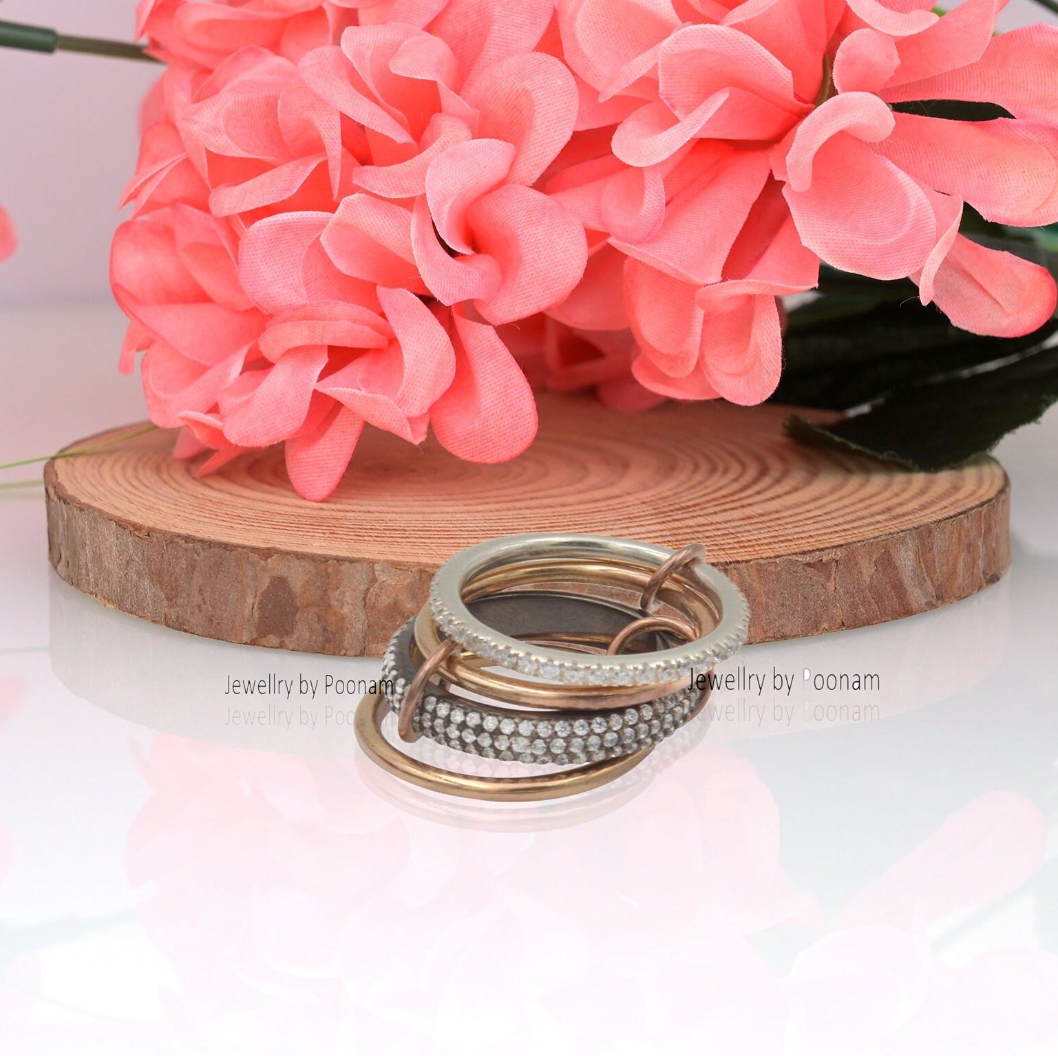 925 Sterling Silver Diamond Connector Band Rings Set, Two-Tone Stacking Fashion Accessory - Jewelry By Poonam | SKU: PJR910- 925 Sterling Silver Diamond Connector Band Rings Set, Two-Tone Stacking Fashion Accessory - Jewelry By Poonam | SKU: PJR910-
