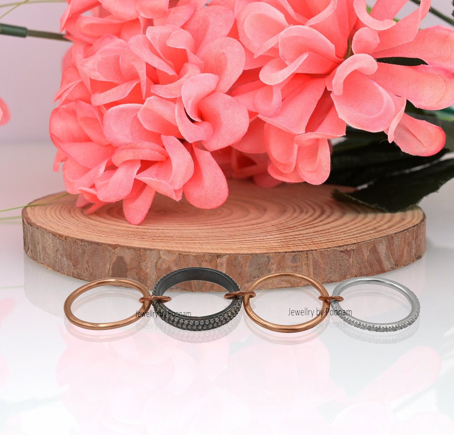 925 Sterling Silver Diamond Connector Band Rings Set, Two-Tone Stacking Fashion Accessory - View 2 - Jewelry By Poonam | SKU: 925 Sterling Silver Diamond Connector Band Rings Set, Two-Tone Stacking Fashion Accessory - View 2 - Jewelry By Poonam | SKU: