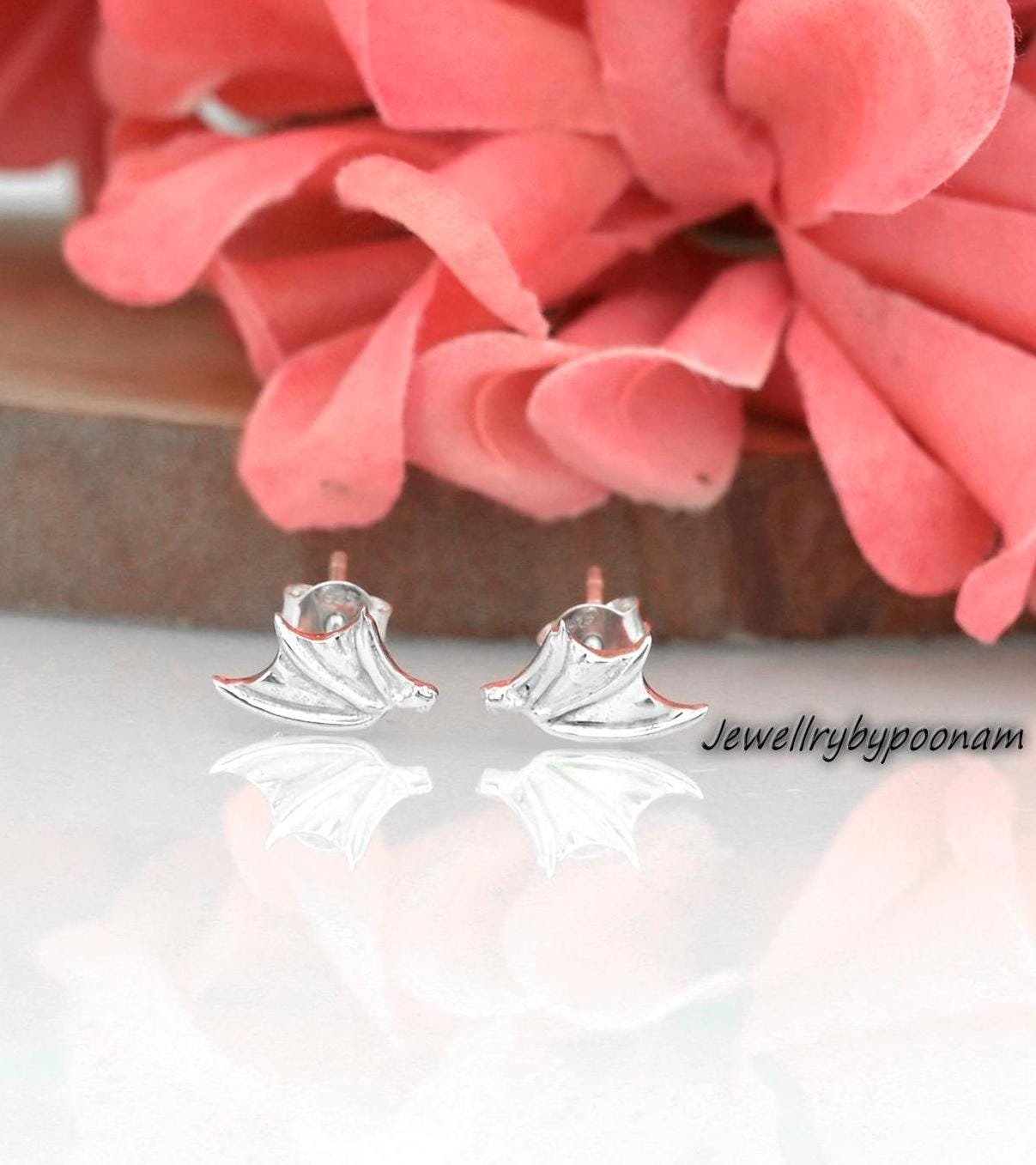 925 Sterling Silver Dragon Wing Stud Earrings, 10MM, Gothic Minimal Animal Jewelry - Jewelry By Poonam | SKU: PJE1703-SLNS-10 925 Sterling Silver Dragon Wing Stud Earrings, 10MM, Gothic Minimal Animal Jewelry - Jewelry By Poonam | SKU: PJE1703-SLNS-10