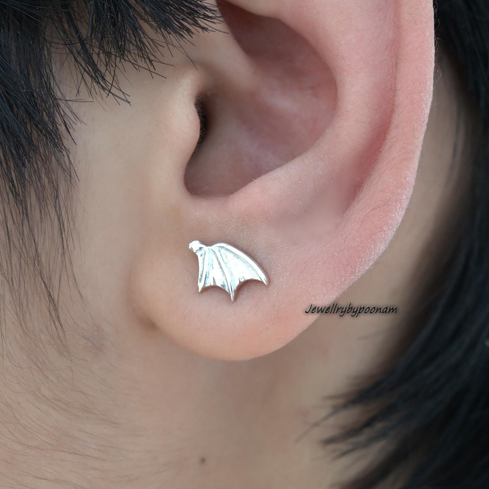 925 Sterling Silver Dragon Wing Stud Earrings, 10MM, Gothic Minimal Animal Jewelry - View 2 - Jewelry By Poonam | SKU: PJE170 925 Sterling Silver Dragon Wing Stud Earrings, 10MM, Gothic Minimal Animal Jewelry - View 2 - Jewelry By Poonam | SKU: PJE170