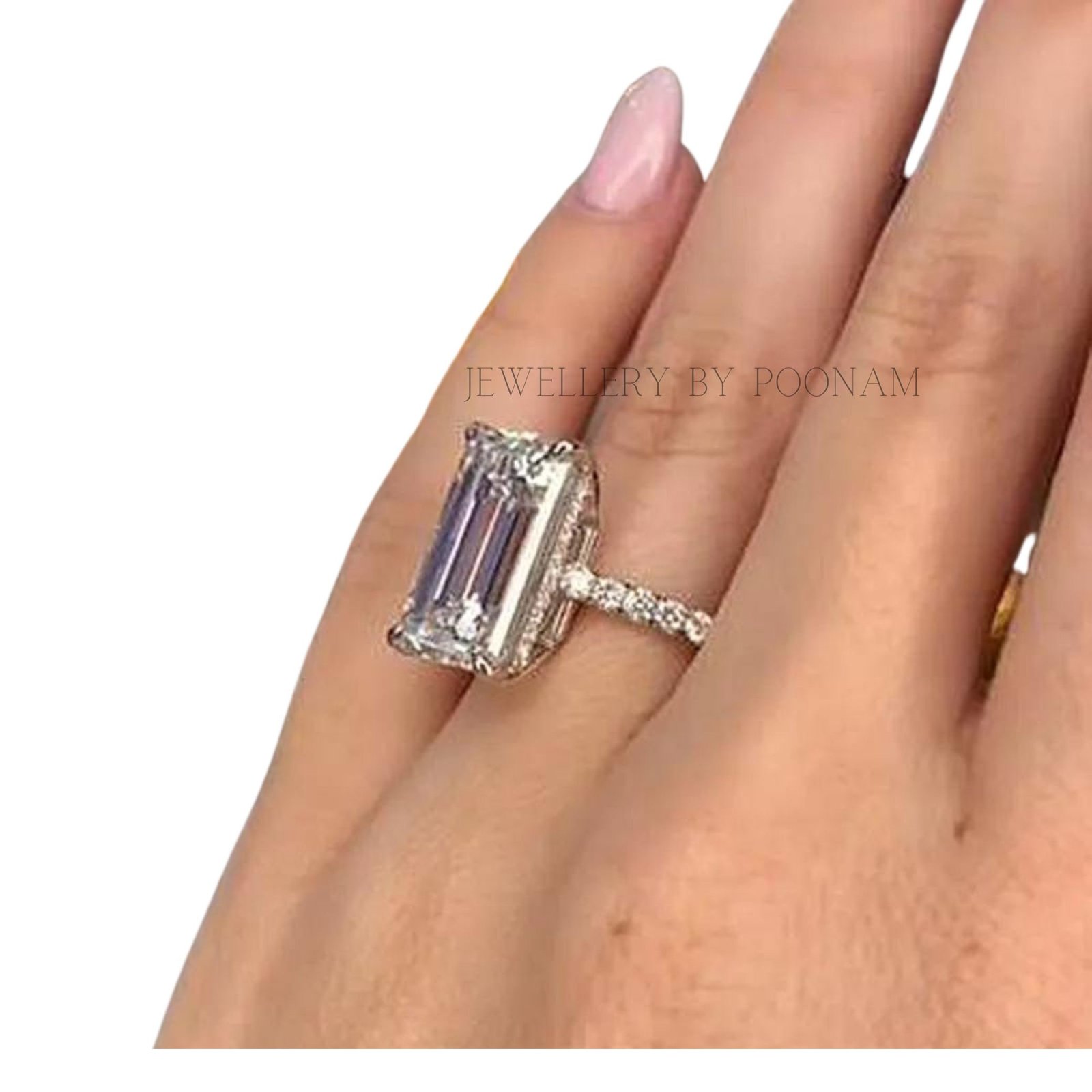 925 Sterling Silver Elongated Emerald Cut Engagement Ring | Unique Wedding Ring - Jewelry By Poonam | SKU: PJR2674-SLYGMN-US- 925 Sterling Silver Elongated Emerald Cut Engagement Ring | Unique Wedding Ring - Jewelry By Poonam | SKU: PJR2674-SLYGMN-US-