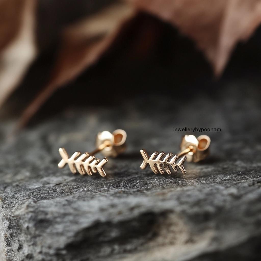 925 Sterling Silver Fishbone Stud Earrings, Tiny Animal Cartilage Jewelry - Jewelry By Poonam | SKU: PJE1814-SLYG-10M 925 Sterling Silver Fishbone Stud Earrings, Tiny Animal Cartilage Jewelry - Jewelry By Poonam | SKU: PJE1814-SLYG-10M