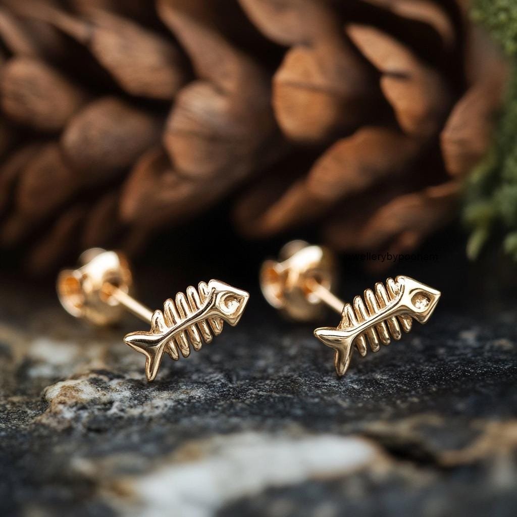 925 Sterling Silver Fishbone Stud Earrings, Tiny Animal Cartilage Jewelry - View 2 - Jewelry By Poonam | SKU: PJE1814-SLYG-10 925 Sterling Silver Fishbone Stud Earrings, Tiny Animal Cartilage Jewelry - View 2 - Jewelry By Poonam | SKU: PJE1814-SLYG-10
