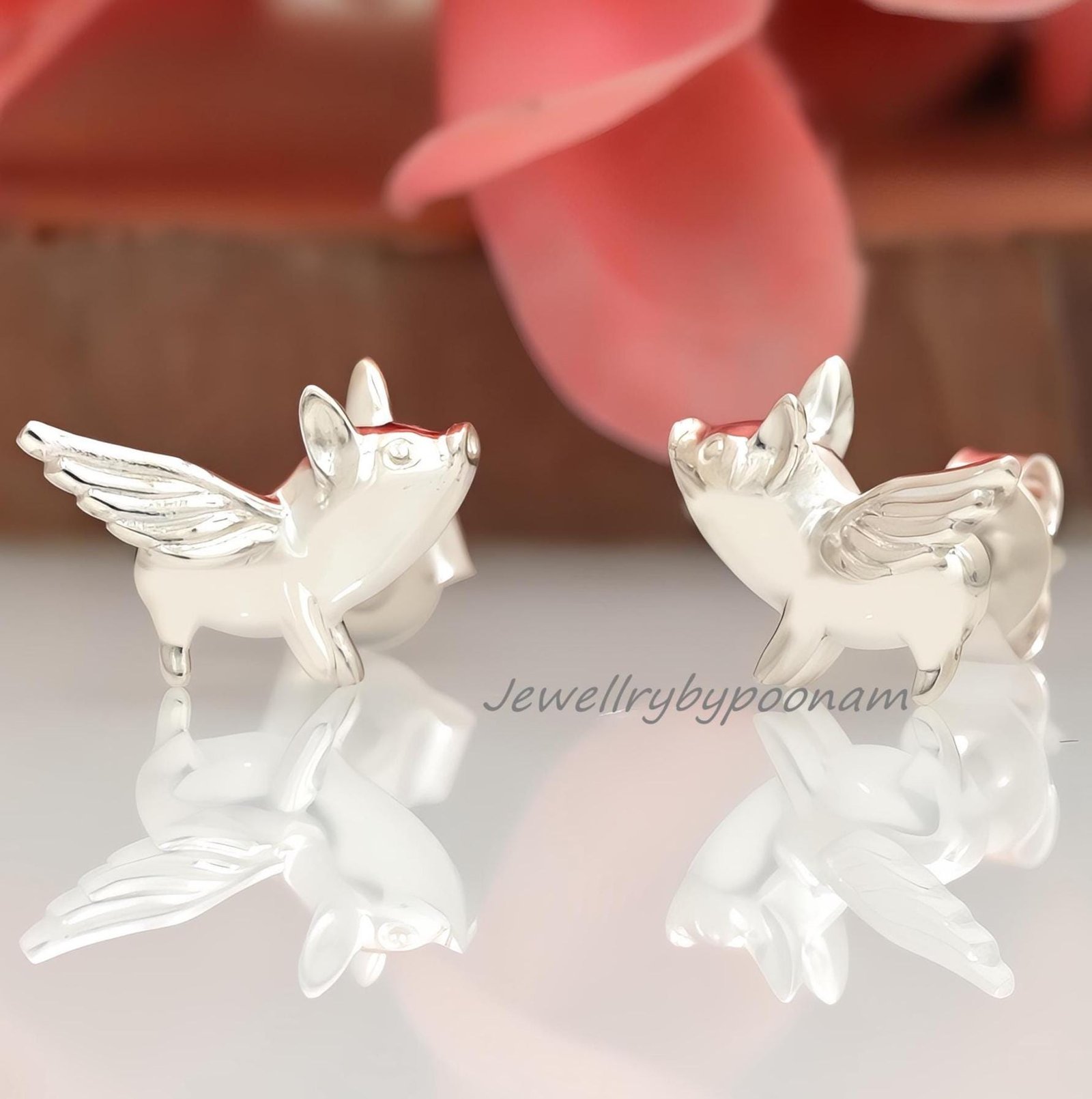 925 Sterling Silver Flying Pig Stud Earrings – Dainty Animal Jewelry - View 2 - Jewelry By Poonam | SKU: PJE1809-SLNS-10M 2/ 925 Sterling Silver Flying Pig Stud Earrings – Dainty Animal Jewelry - View 2 - Jewelry By Poonam | SKU: PJE1809-SLNS-10M 2/