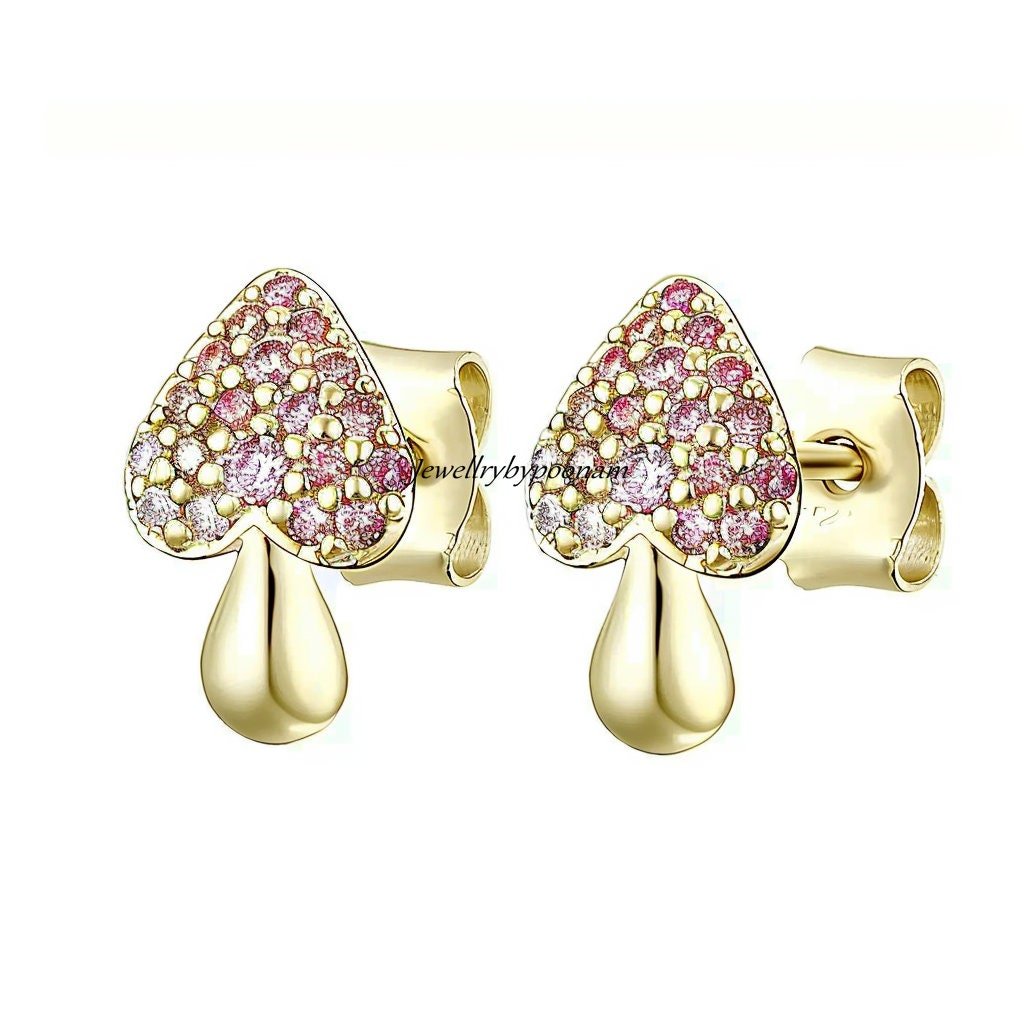 925 Sterling Silver Gold-Plated Mushroom Stud Earrings: Ruby & Diamond - Jewelry By Poonam | SKU: PJE- 925 Sterling Silver Gold-Plated Mushroom Stud Earrings: Ruby & Diamond - Jewelry By Poonam | SKU: PJE-