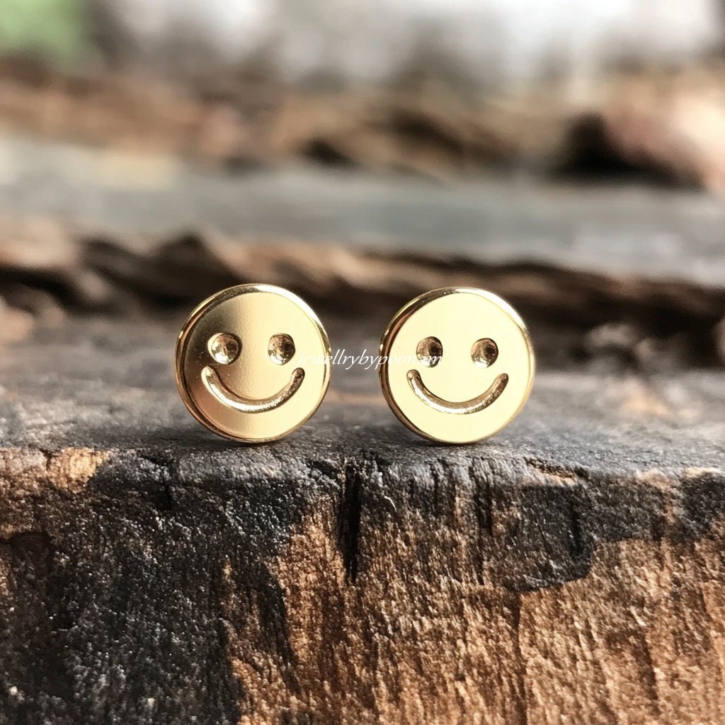 925 Sterling Silver Happy Face Stud Earrings, 10mm Smiley Jewelry - Jewelry By Poonam | SKU: PJE 925 Sterling Silver Happy Face Stud Earrings, 10mm Smiley Jewelry - Jewelry By Poonam | SKU: PJE