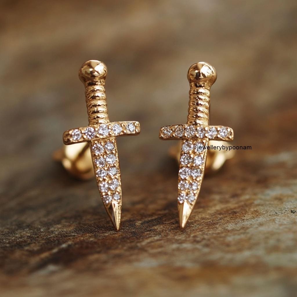 925 Sterling Silver Moissanite Dagger Stud Earrings — Dainty Tiny CZ Dagger - Jewelry By Poonam | SKU: PJE1982- 925 Sterling Silver Moissanite Dagger Stud Earrings — Dainty Tiny CZ Dagger - Jewelry By Poonam | SKU: PJE1982-