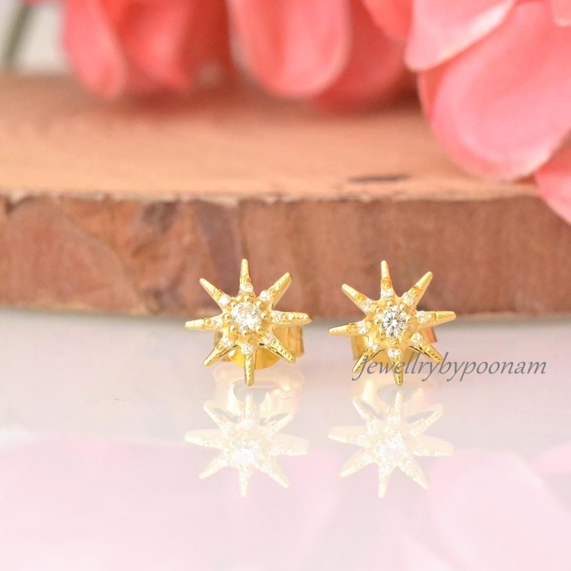 925 Sterling Silver Moissanite Star Stud Earrings: Dainty Silver Starburst - Jewelry By Poonam | SKU: PJE2024-SLYGCZ-10M 2/20 925 Sterling Silver Moissanite Star Stud Earrings: Dainty Silver Starburst - Jewelry By Poonam | SKU: PJE2024-SLYGCZ-10M 2/20