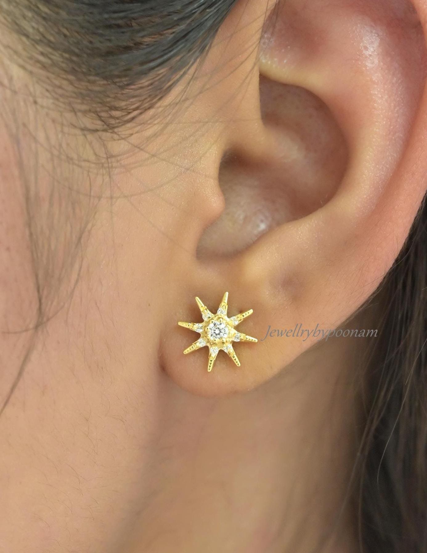925 Sterling Silver Moissanite Star Stud Earrings: Dainty Silver Starburst - View 2 - Jewelry By Poonam | SKU: PJE2024-SLYGCZ 925 Sterling Silver Moissanite Star Stud Earrings: Dainty Silver Starburst - View 2 - Jewelry By Poonam | SKU: PJE2024-SLYGCZ