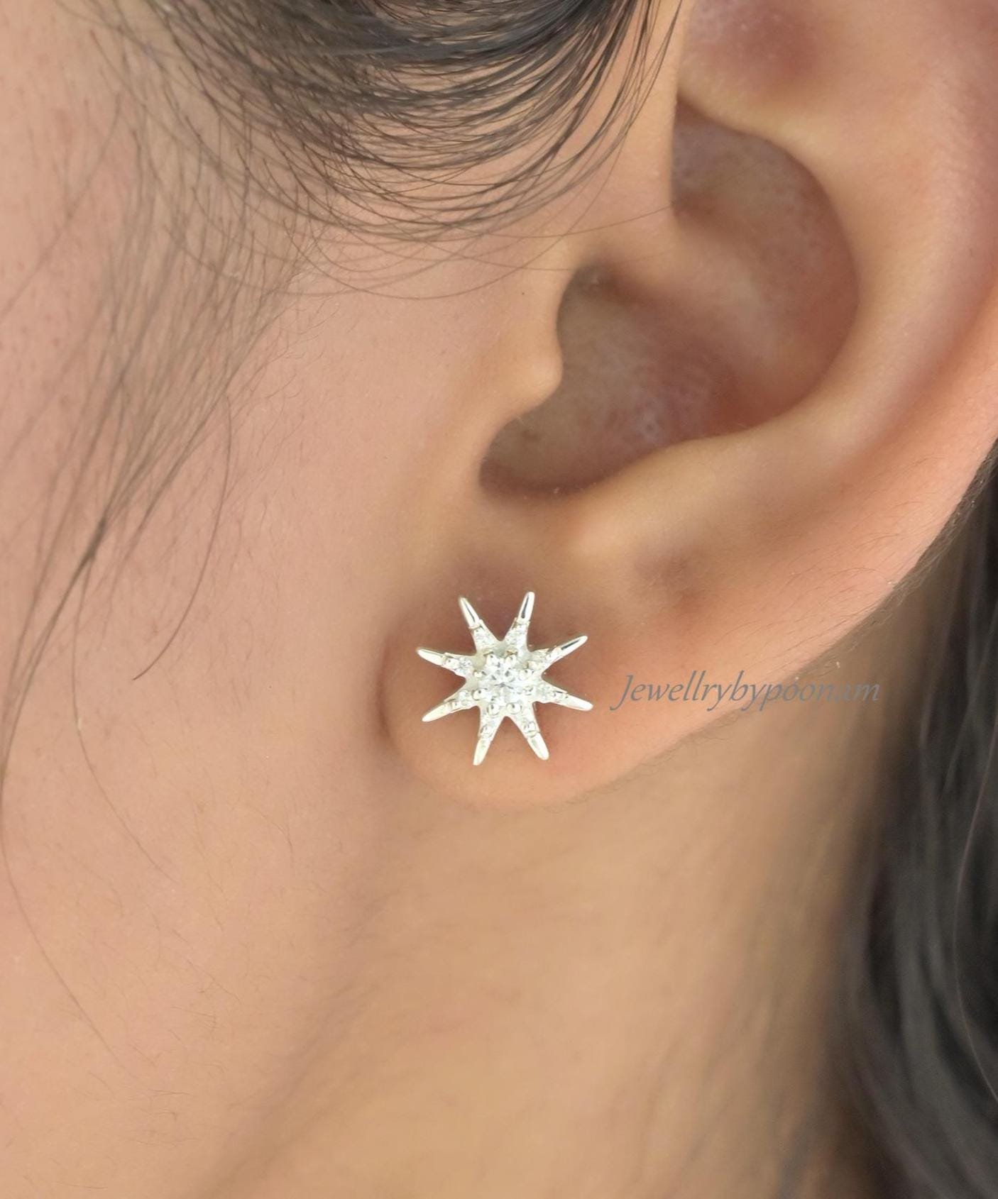 925 Sterling Silver Moissanite Star Stud Earrings: Dainty Silver Starburst - View 4 - Jewelry By Poonam | SKU: PJE2024-SLYGCZ 925 Sterling Silver Moissanite Star Stud Earrings: Dainty Silver Starburst - View 4 - Jewelry By Poonam | SKU: PJE2024-SLYGCZ