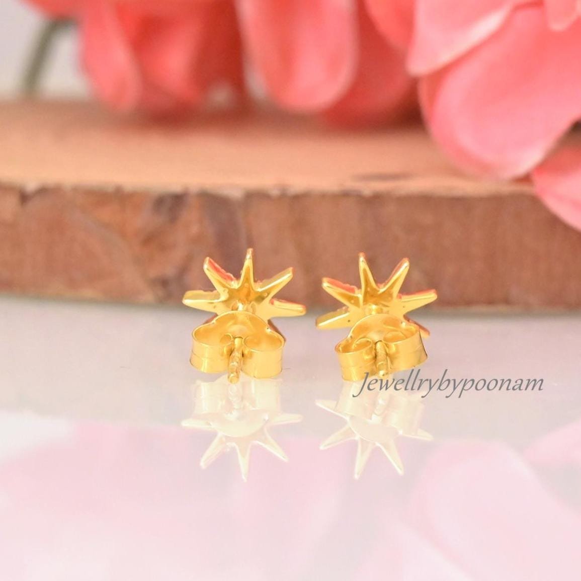 925 Sterling Silver Moissanite Star Stud Earrings: Dainty Silver Starburst - View 5 - Jewelry By Poonam | SKU: PJE2024-SLYGCZ 925 Sterling Silver Moissanite Star Stud Earrings: Dainty Silver Starburst - View 5 - Jewelry By Poonam | SKU: PJE2024-SLYGCZ