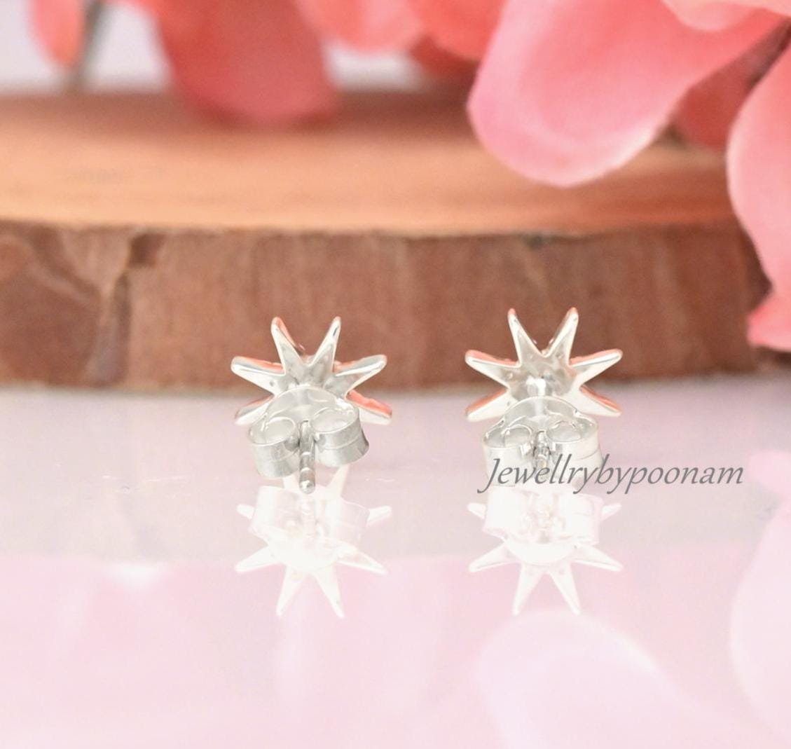 925 Sterling Silver Moissanite Star Stud Earrings: Dainty Silver Starburst - View 6 - Jewelry By Poonam | SKU: PJE2024-SLYGCZ 925 Sterling Silver Moissanite Star Stud Earrings: Dainty Silver Starburst - View 6 - Jewelry By Poonam | SKU: PJE2024-SLYGCZ