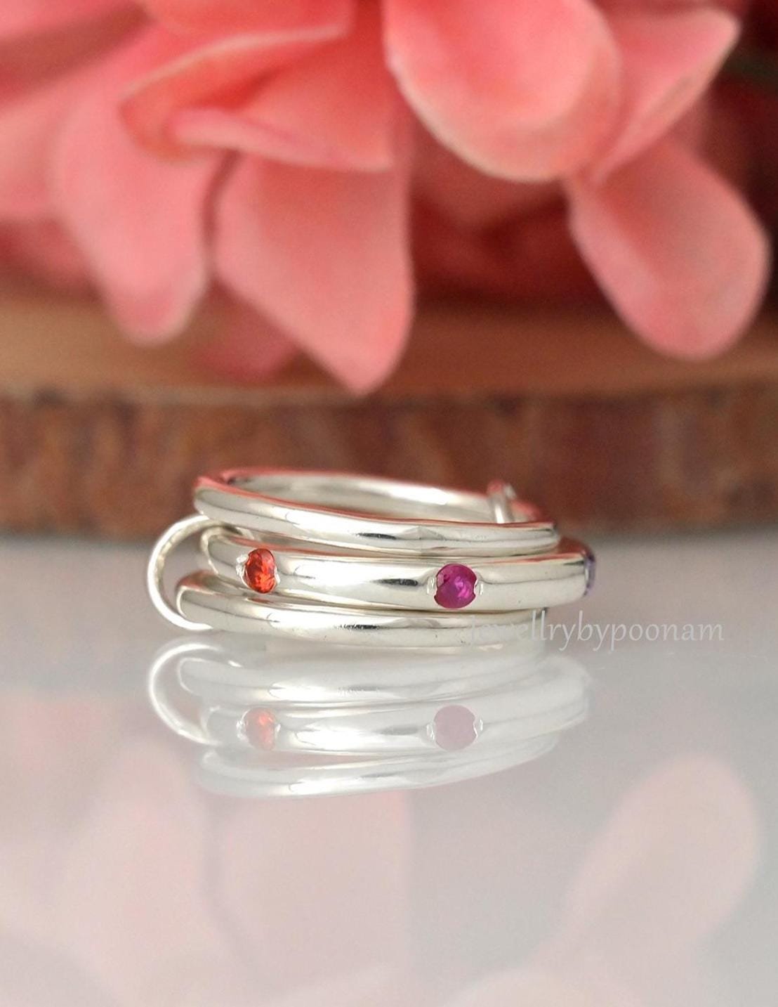 925 Sterling Silver Multi-Gemstone Connector Ring Set: Chunky Multi-Link Design - Jewelry By Poonam | SKU: PJR3001-SLNSMG-US- 925 Sterling Silver Multi-Gemstone Connector Ring Set: Chunky Multi-Link Design - Jewelry By Poonam | SKU: PJR3001-SLNSMG-US-