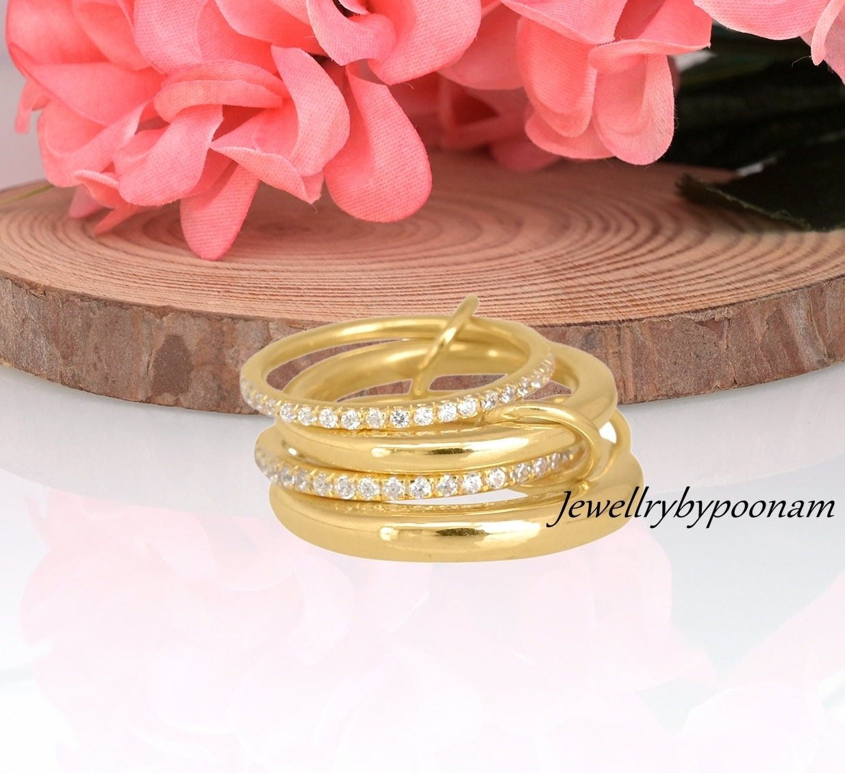 925 Sterling Silver Multi-Link Ring: CZ Eternity Band, Gold Plated - Jewelry By Poonam | SKU: PJR1101-SLYGNSRGCZ-US-8 2/26 925 Sterling Silver Multi-Link Ring: CZ Eternity Band, Gold Plated - Jewelry By Poonam | SKU: PJR1101-SLYGNSRGCZ-US-8 2/26