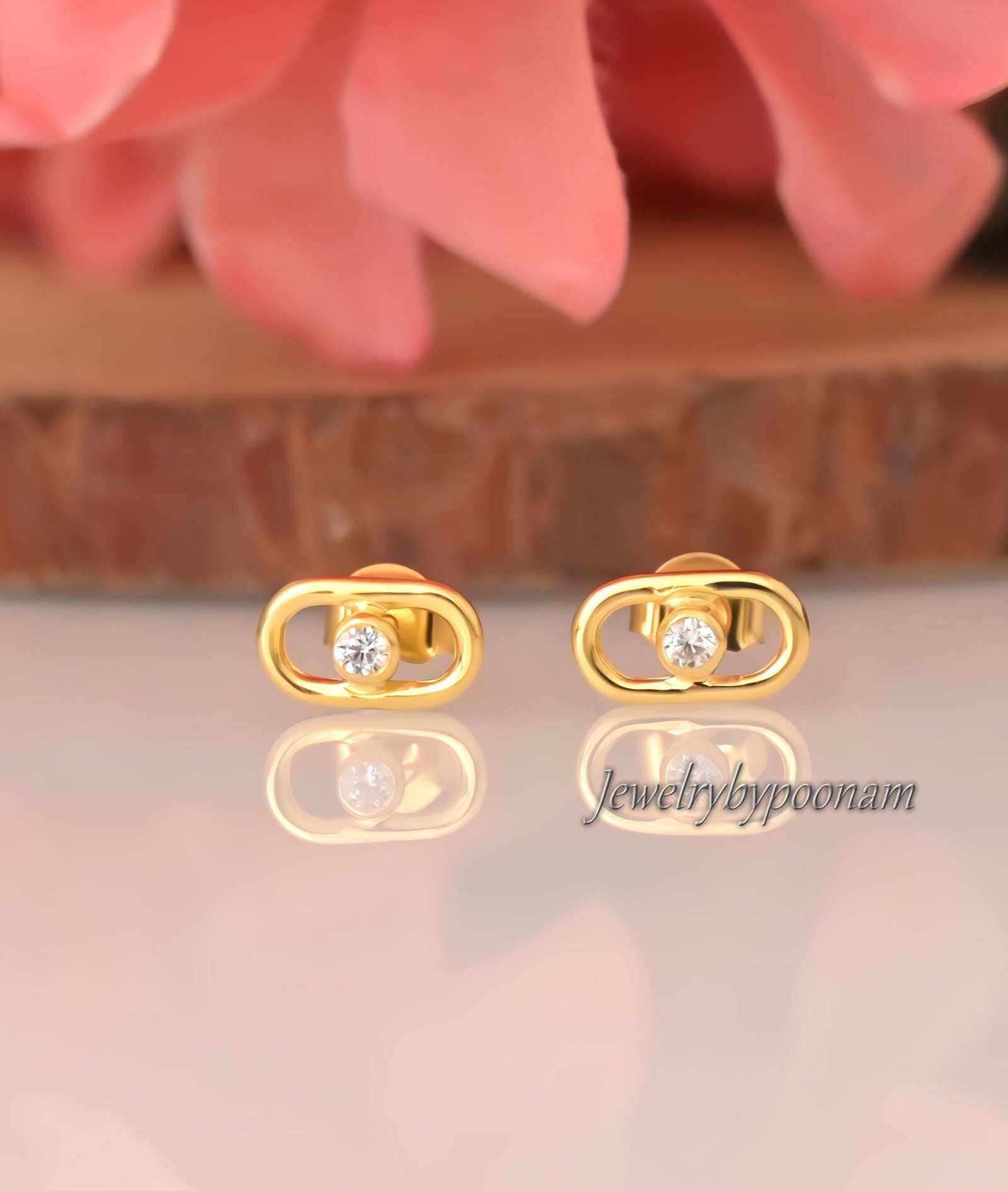 925 Sterling Silver Paperclip Stud Earrings With CZ: Dainty Diamond Accent - Jewelry By Poonam | SKU: PJE1864-SLYGCZ-10M 2/26 925 Sterling Silver Paperclip Stud Earrings With CZ: Dainty Diamond Accent - Jewelry By Poonam | SKU: PJE1864-SLYGCZ-10M 2/26