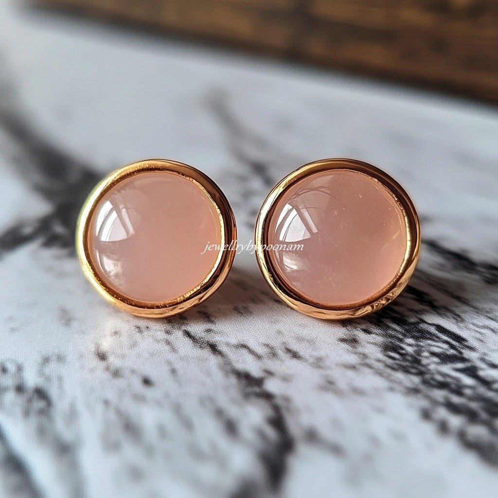 925 Sterling Silver Pink Opal Stud Earrings, 12 MM Round Minimal Everyday Jewelry - Jewelry By Poonam | SKU: PJE 925 Sterling Silver Pink Opal Stud Earrings, 12 MM Round Minimal Everyday Jewelry - Jewelry By Poonam | SKU: PJE