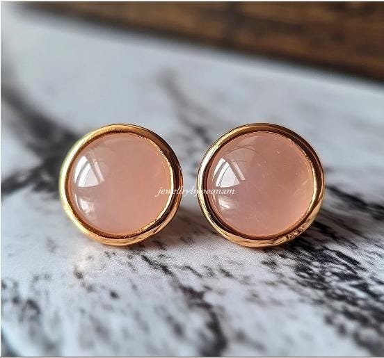 925 Sterling Silver Pink Opal Stud Earrings, 12 MM Round Minimal Everyday Jewelry - View 2 - Jewelry By Poonam | SKU: PJE 925 Sterling Silver Pink Opal Stud Earrings, 12 MM Round Minimal Everyday Jewelry - View 2 - Jewelry By Poonam | SKU: PJE